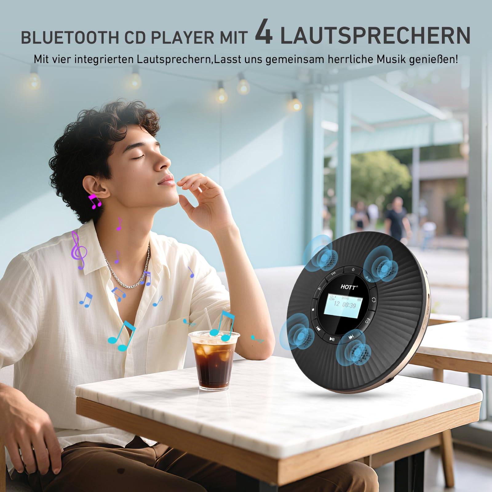 HOTT Tragbarer Bluetooth CD Player mit 4 Lautsprechern, FM-Transmitter & Anti-Skip, 1800mAh Akku mit Kopfhörern für Auto & Zuhause，Schwarz