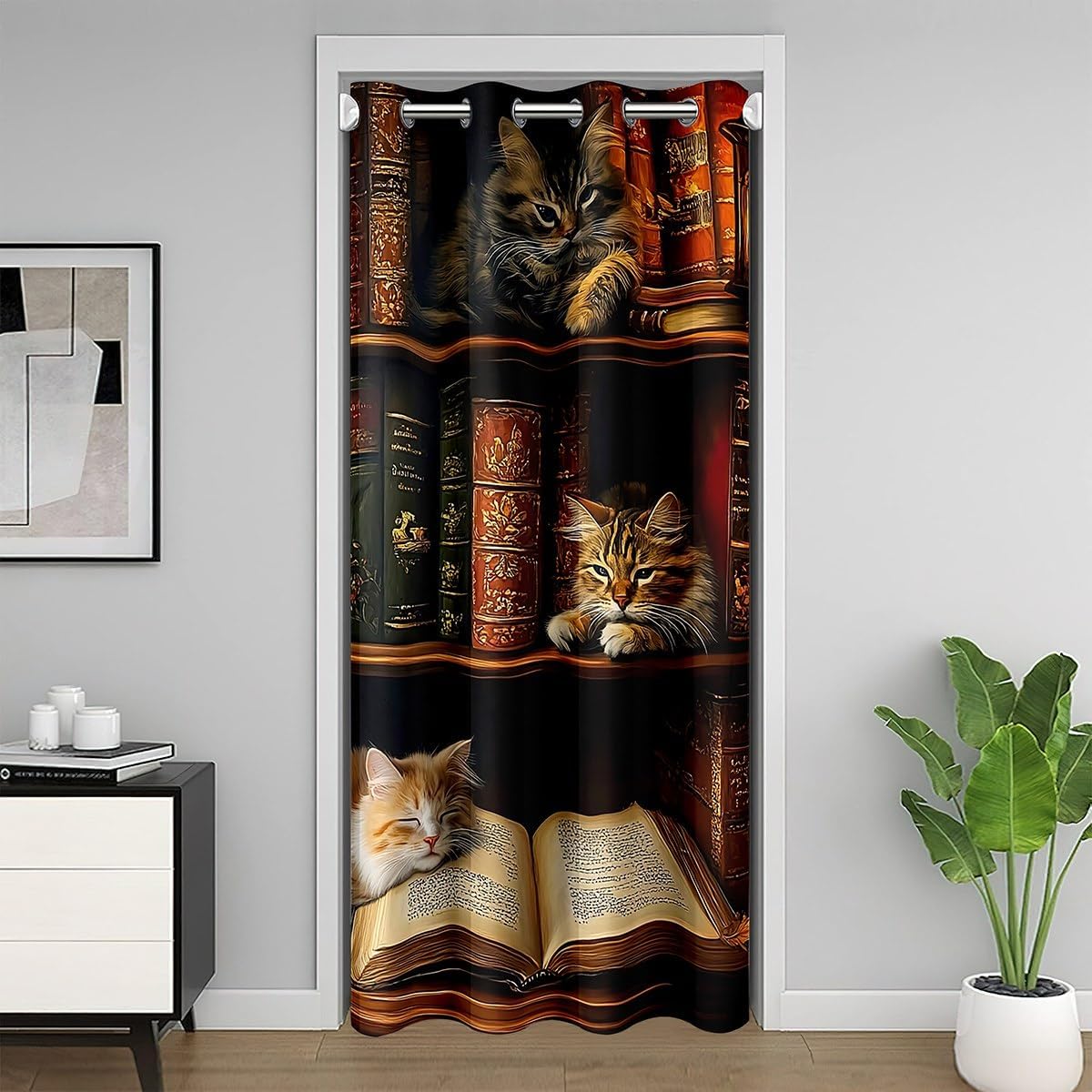 jejeloiu Cat Closet Cover 42x80 Inch Retro Bookshelf Door Curtain for Doorway Privacy for Boys Girls Teens Vintage Decor Kitten Room Divider Curtain for Bedroom Cat Lover Insulated Thermal Bedroom