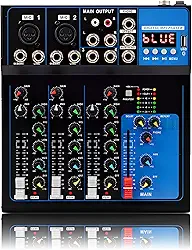 Mesa de Som Profissional, 4 Canais, Bluetooth, USB, MP3, 48V Phantom Power, Mixer de Áudio para Gravação e Shows