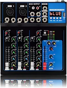 Mesa de Som Profissional, 4 Canais, Bluetooth, USB, MP3, 48V Phantom Power, Mixer de Áudio para Gravação e Shows