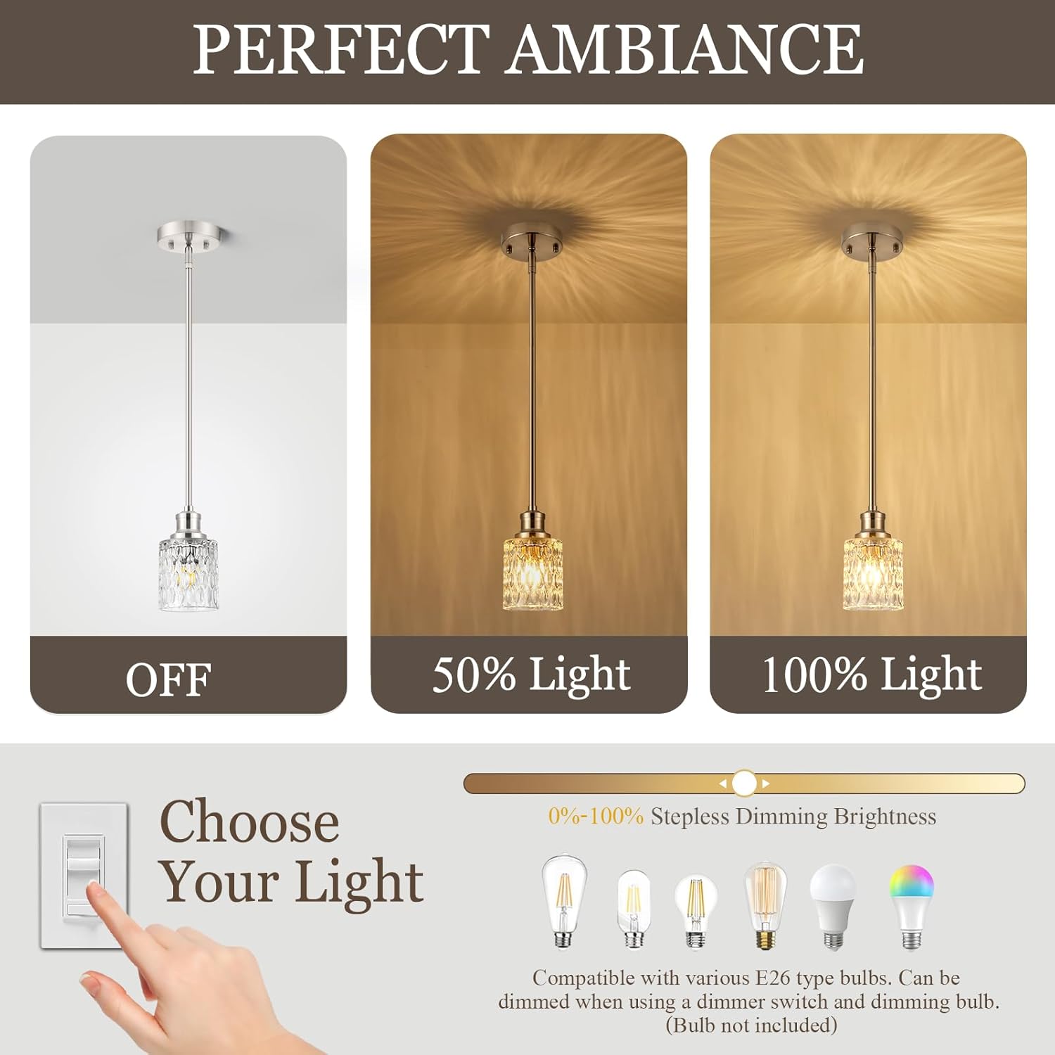 Brushed Nickel Pendant Lights Kitchen Island 3 Pack, Modern Mini Glass Pendant Light Fixtures with Drum Glass and Rods, Adjustable Hanging Light for Kitchen Sink Dining Room Bathroom