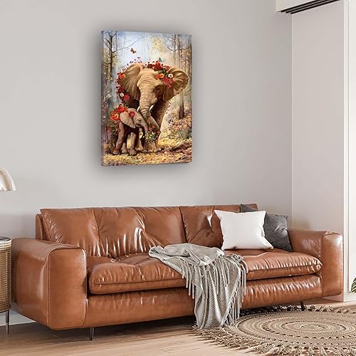 Miniatura 4 de iHAPPYWALL Pintura vintage de elefante para mamá y bebé, arte de pared de animales salvajes, flores, bosque, paisaje, obra de arte para el hogar,