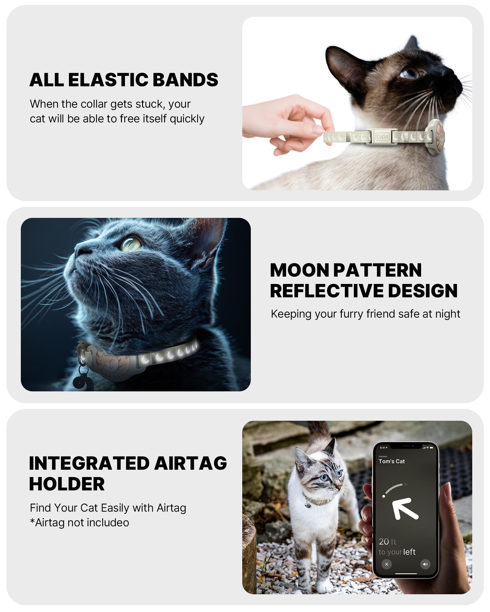 Collar de gato con soporte para Airtag, collar de gato Breakaway Airtag para Apple Air Tag con patrón luminoso y reflectante, collares GPS impermeables para niños y niñas, gatos con campana, caqui