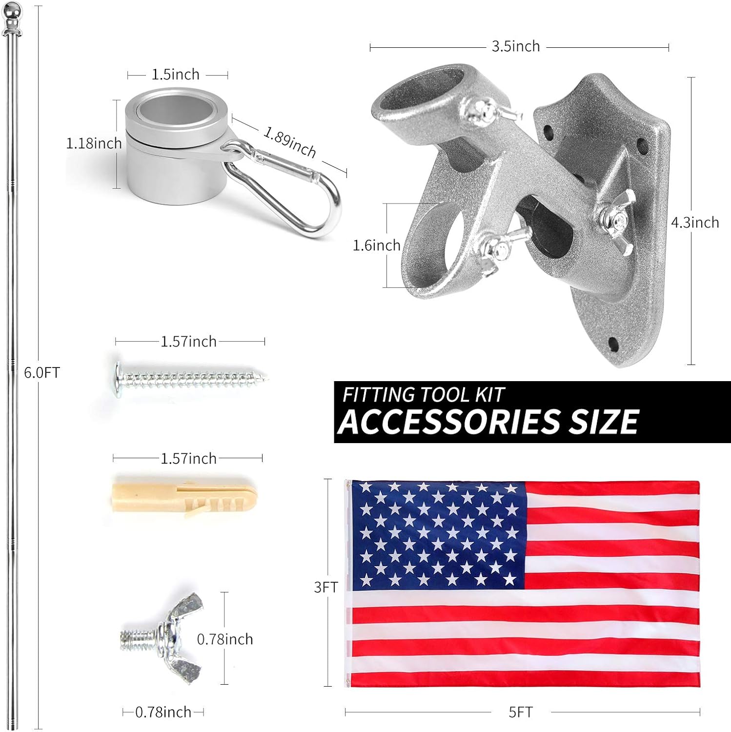 Quarut House Flag Pole Kit,Including 6Ft Stainless Steel Flag Pole,Heavy Duty Nylon 3x5 Ft American Flag,Aluminum Alloy Rings and Bracket.Wall Mounted Flagpole Set for Residential Commercial(Silvery) - Image 6
