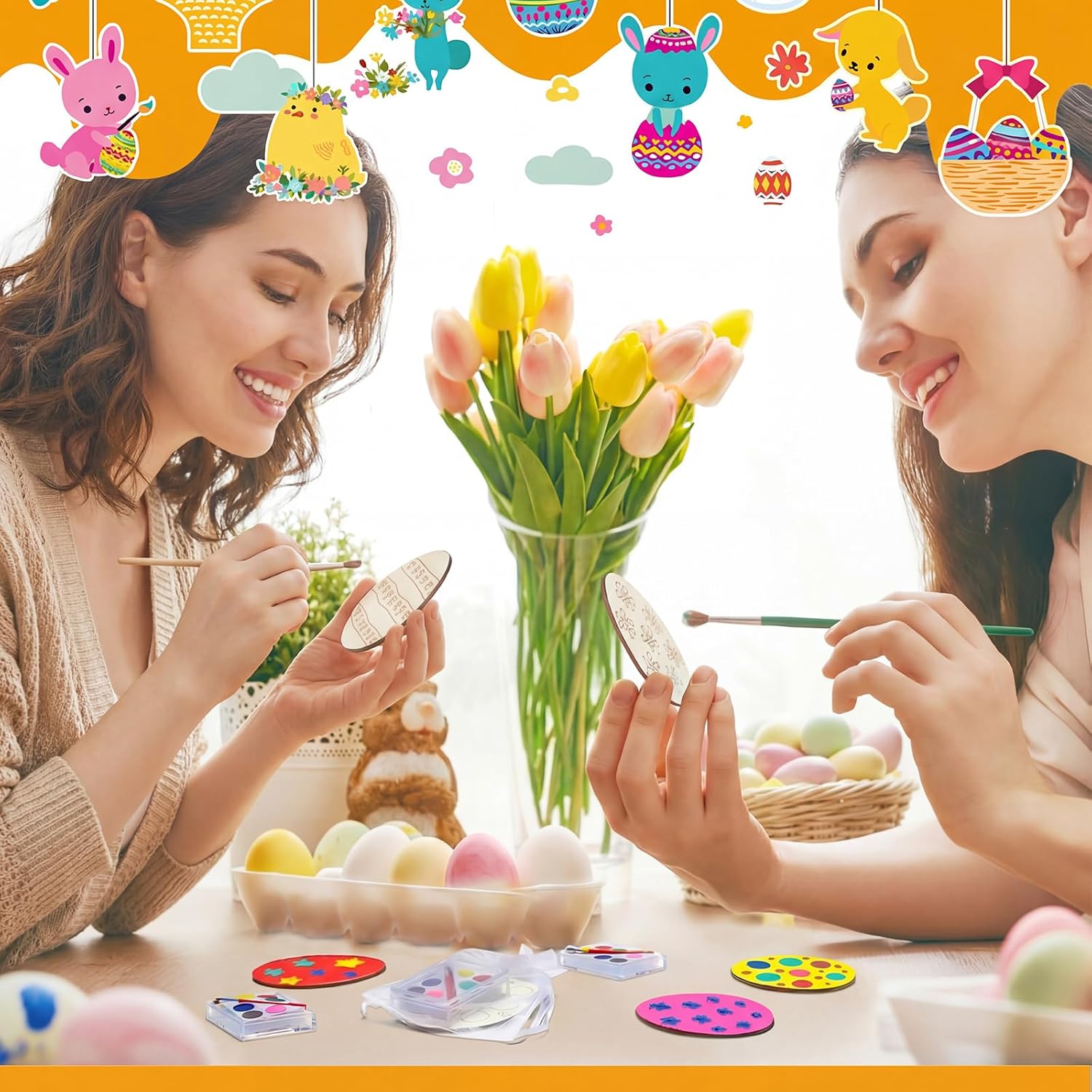 Silipull 30 Set Easter Egg Painting Kit Wood DIY Crafts Include Easter Eggs Unfinished Wooden Cutout Colorful Solid Paints and White Organza Bags for Painting Crafts and Decorations