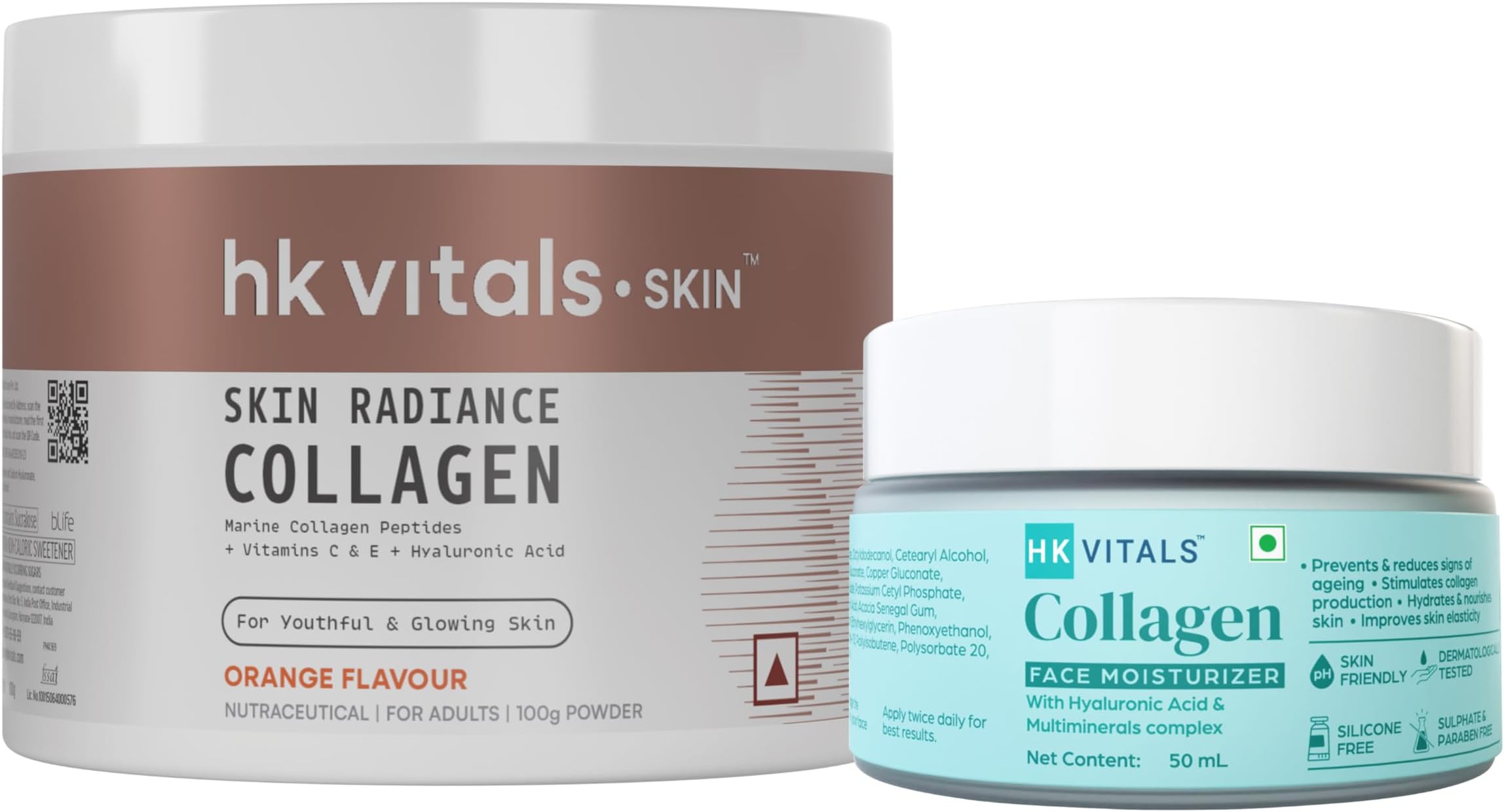 hk vitals Marine Collagen Supplements (Orange, 100g) with Collagen Face Moisturizer, 50ml | Combo Pack