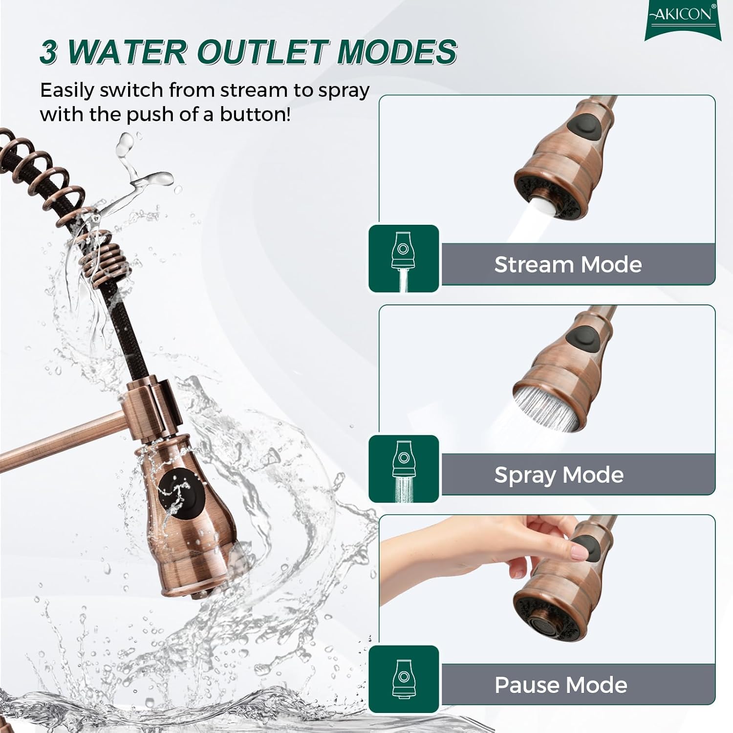 Akicon Antique Copper Pre-Rinse Spring Kitchen Faucet, Single Level Solid Brass Kitchen Sink Faucets with Pull Down Sprayer