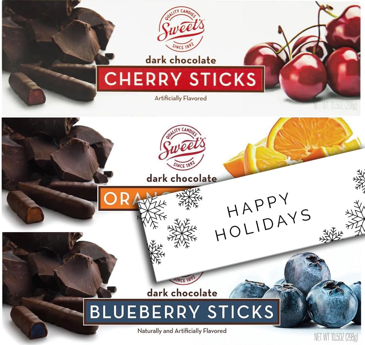 Sweet's Candy Dark Chocolate Sticks Variety 3 Pack (1) Cherry (1) Orange (1) Blueberry (1) Happy Holiday Gift Tag Bundle