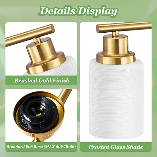 Miniatura 3 de Luces de tocador de 4 luces, lámpara de baño de oro cepillado con pantalla de vidrio blanco lechoso texturizado a rayas, accesorio de iluminación