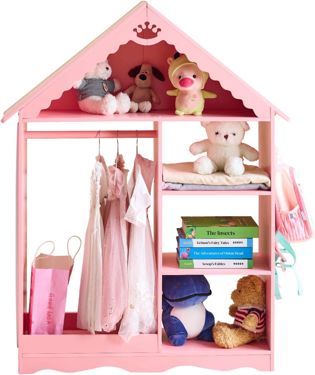 Dress up Storage with Mirror,Costume Wardrobe for Girls Boys,Princess Dress Closets,Open Hanging Armoire Closets,Pretend Storage Closet,Costume Storages Dresser for Bedroom (Pink)