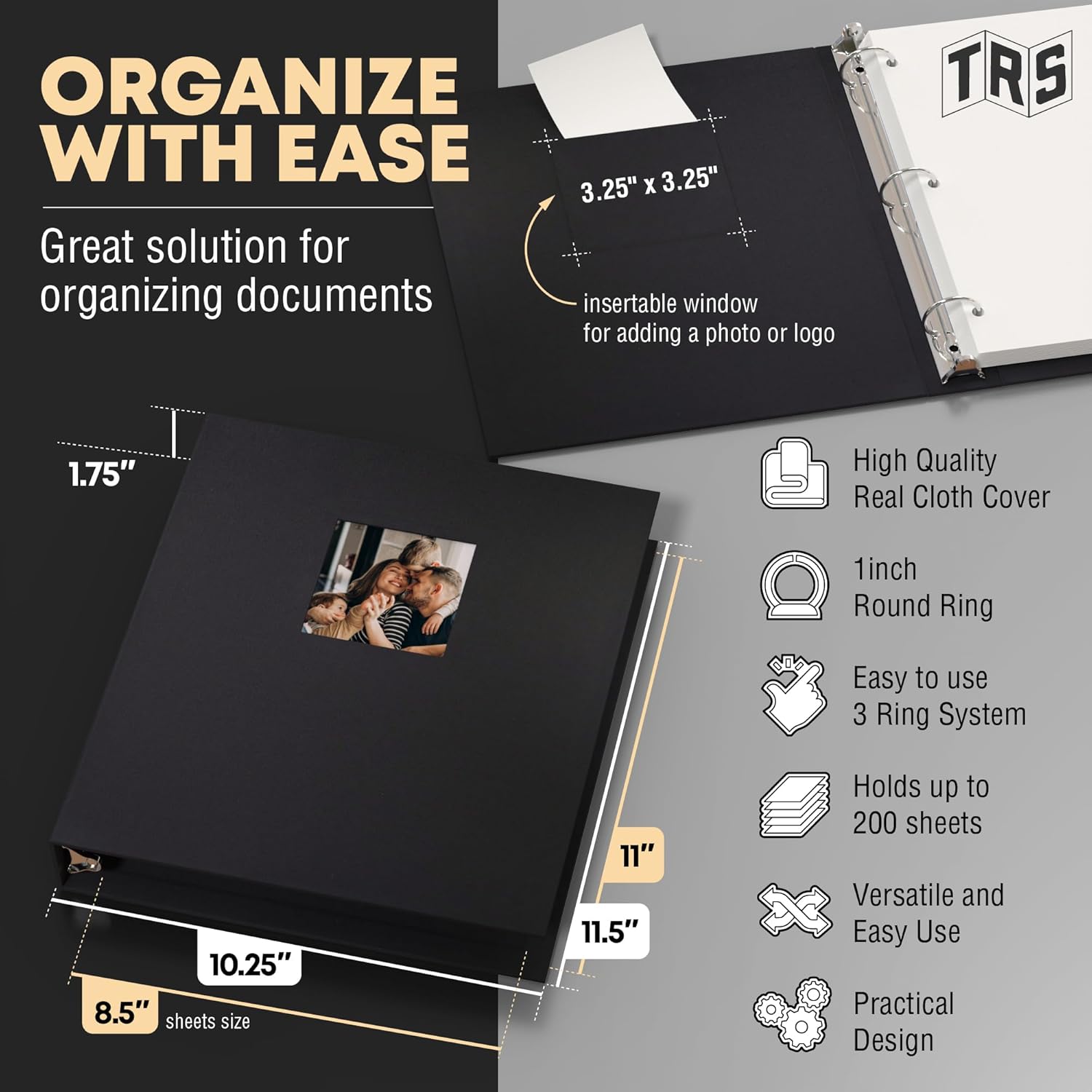 Customizable 1-Inch 3-Ring Binder with Linen Cover & Insertable Window – Ideal for Photos, Portfolios, Recipes, and Presentations – Durable, Eco-Friendly – Made in the USA (Black Linen)