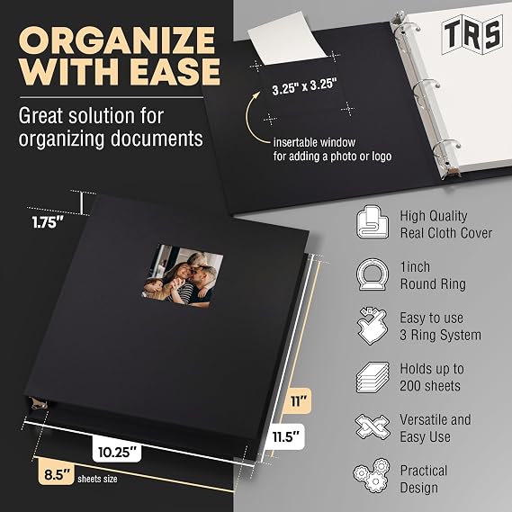 Customizable 1-Inch 3-Ring Binder with Linen Cover & Insertable Window Ideal for Photos, Portfolios, Recipes, and Presentations Durable, Eco-Friendly Made in the USA (Black Linen)