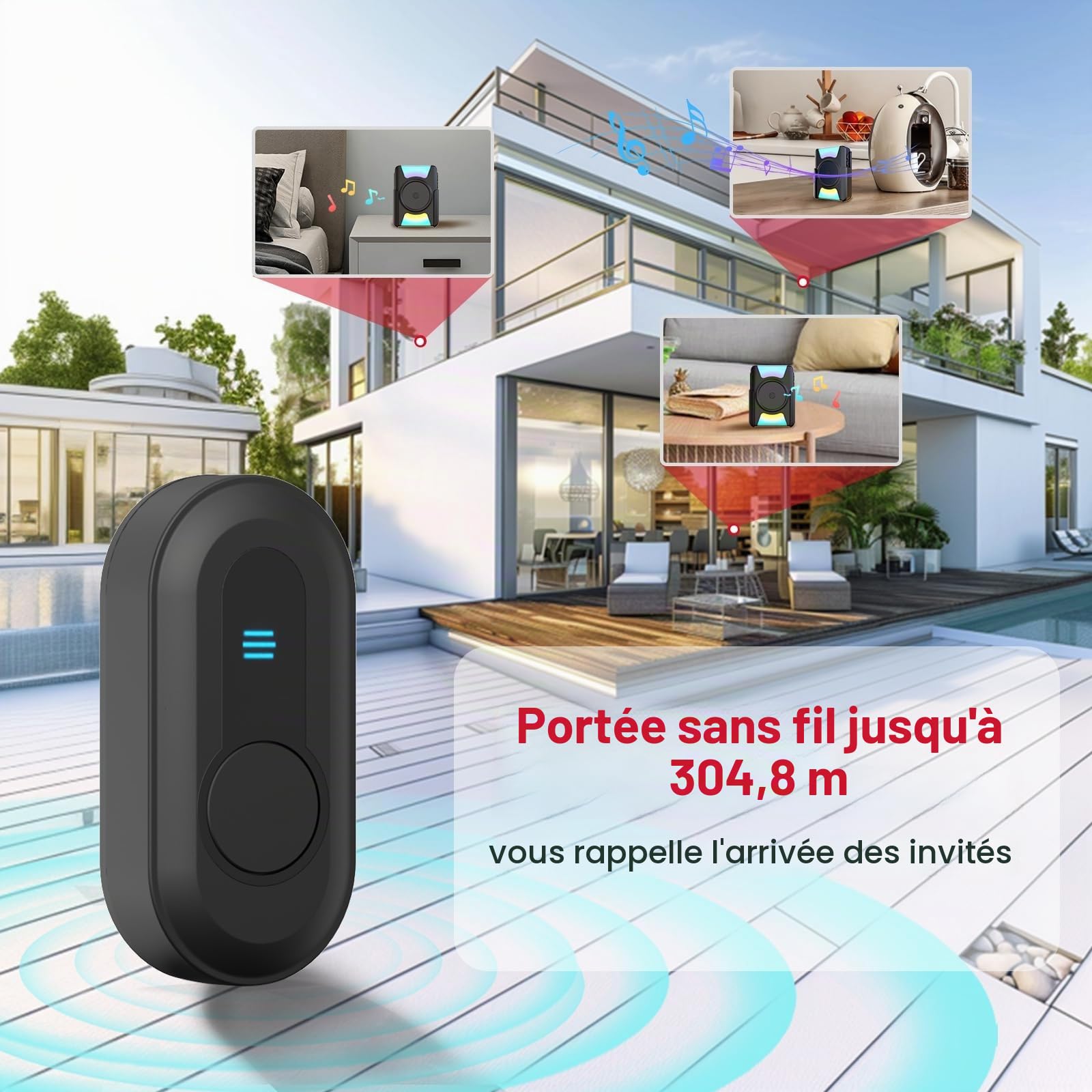 CallToU Sonnette pour malentendants avec vibration et lumière, alimentée par piles | Sonnette portable pour personnes sourdes, récepteur sans fil alimenté par batterie, 110 dB, 4 modes