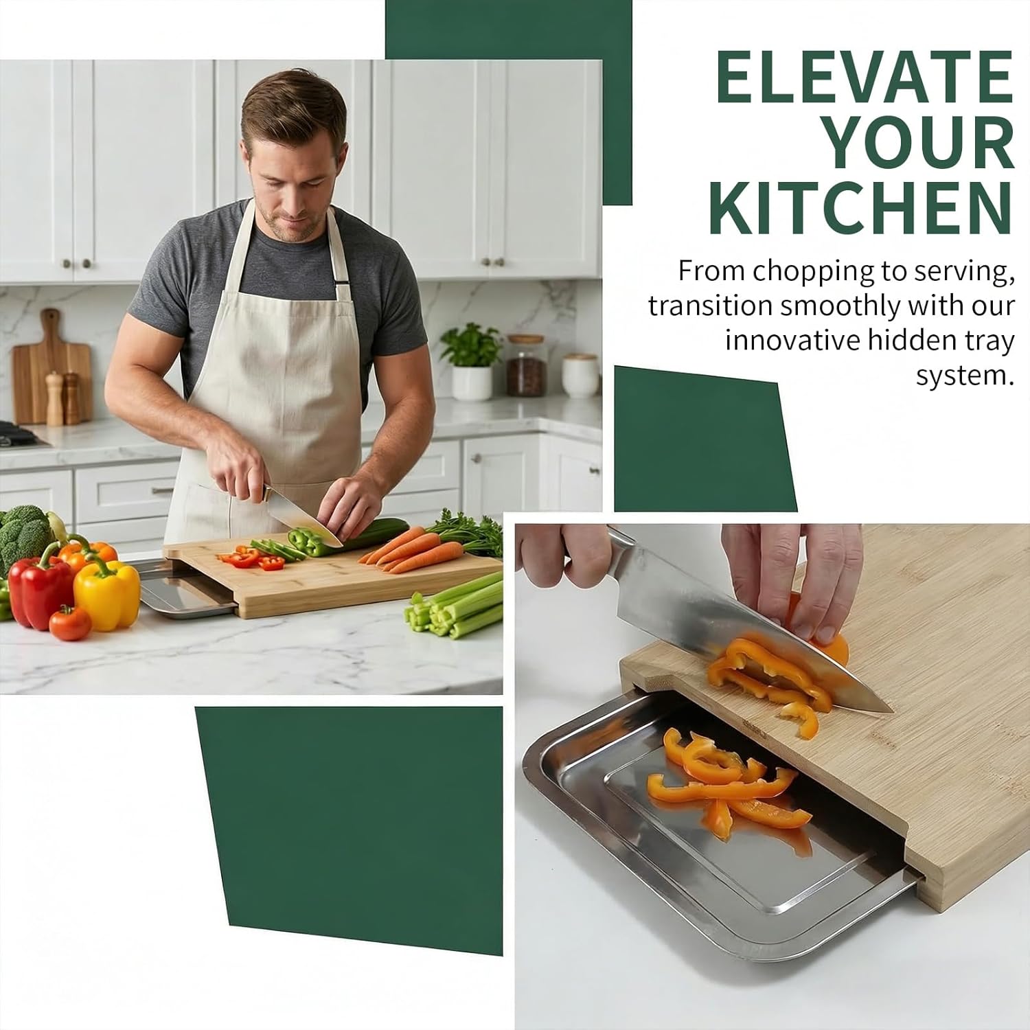 Large Bamboo Cutting Board with 2 Stainless Steel Trays, 15.75x11.42 Inch Kitchen Prep Board Set, Chopping Board with Containers for Meal Prep