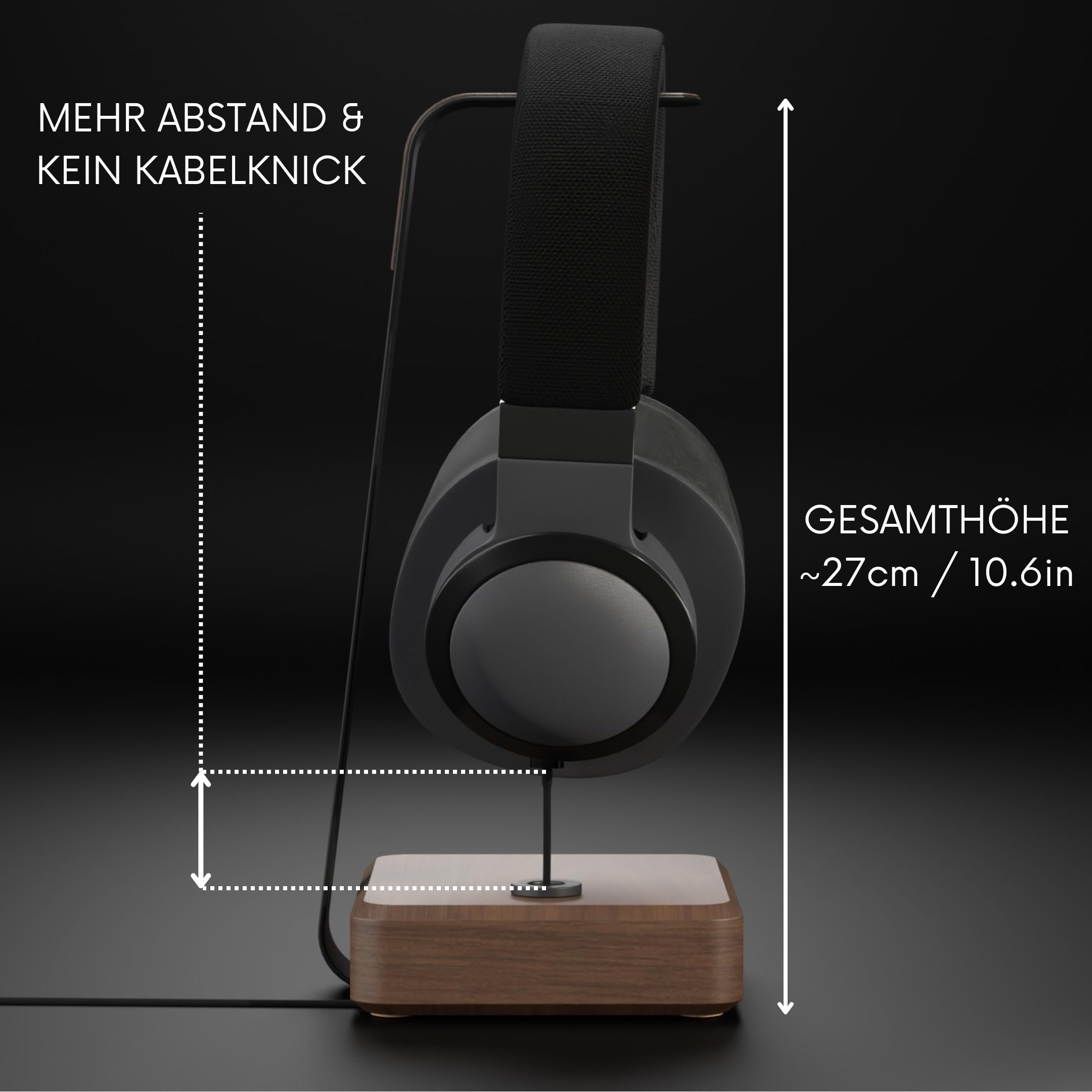 Headset Halterung aus Nussbaumholz – Kopfhörer Halterung mit schwerem Stahlblech & Lederlook Auflage – Kopfhörer Halter Holz mit Kabeldurchführung Schreibtisch Zubehör & Kopfhörer Ständer