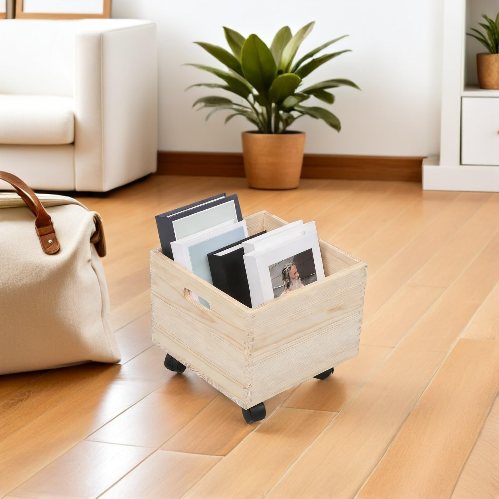Cassa di Legno Quadrata con Ruote per Organizzazione Casa e Ufficio, Porta Vinili e Riviste con Struttura Robusta e Stile Rustico Beige per Soggiorno