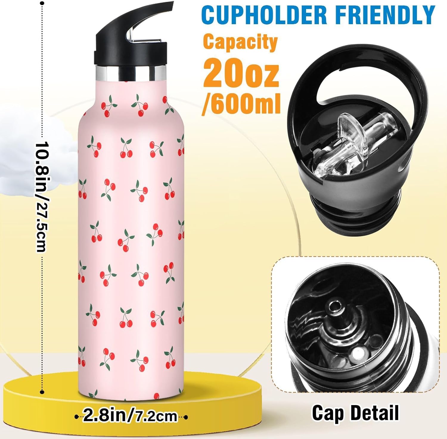 Water Bottle Kids Insulated Stainless Steel Hot Cold Cherry Fruit Water Flask Jug with Straw Lid for Sports Gym Running 20 oz - Image 2