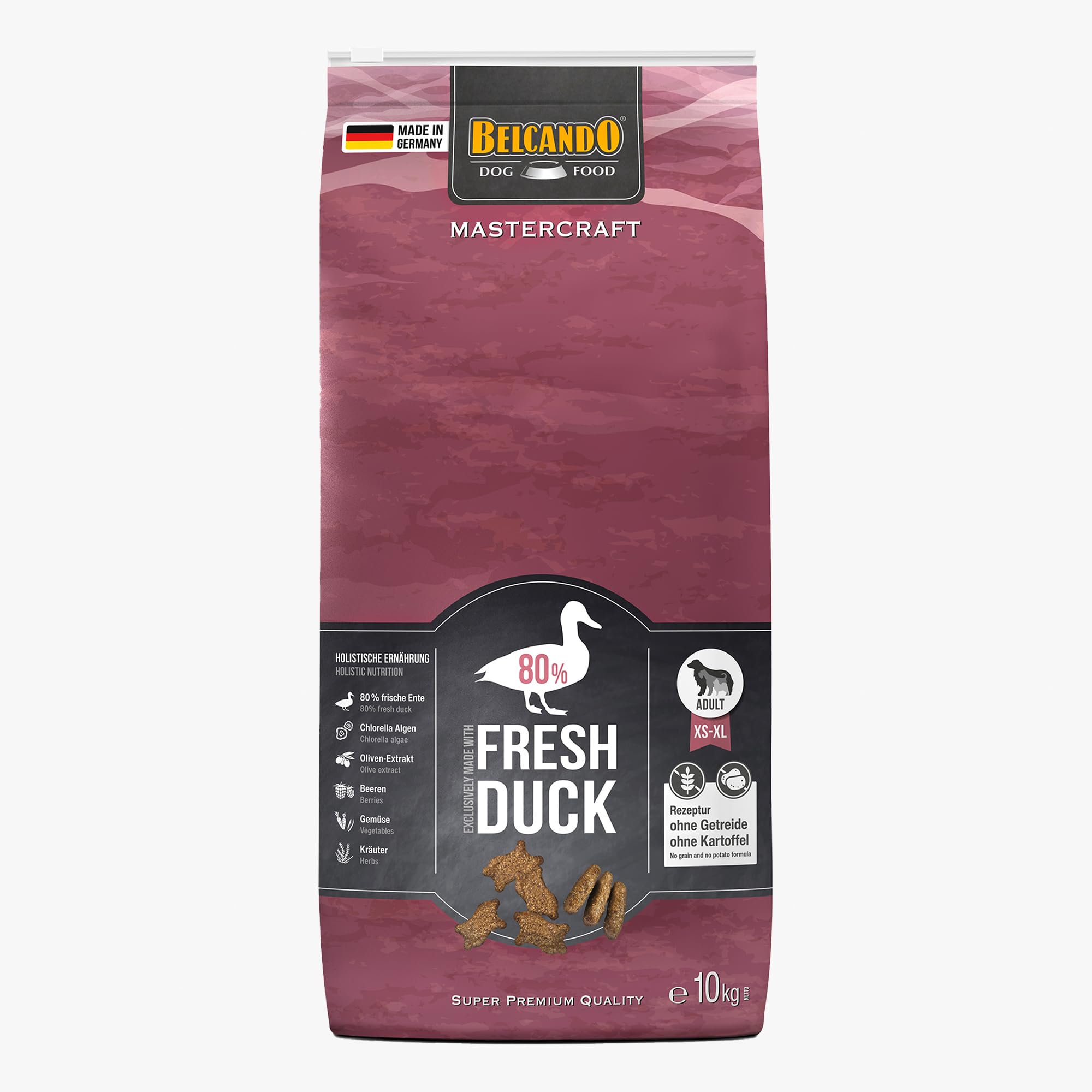 BELCANDO MASTERCRAFT Hundefutter trocken Fresh Duck, 10kg, Trockenfutter für Hunde mit Ente, 80% Frischfleisch, getreidefrei, für alle Rassen, Made in Germany