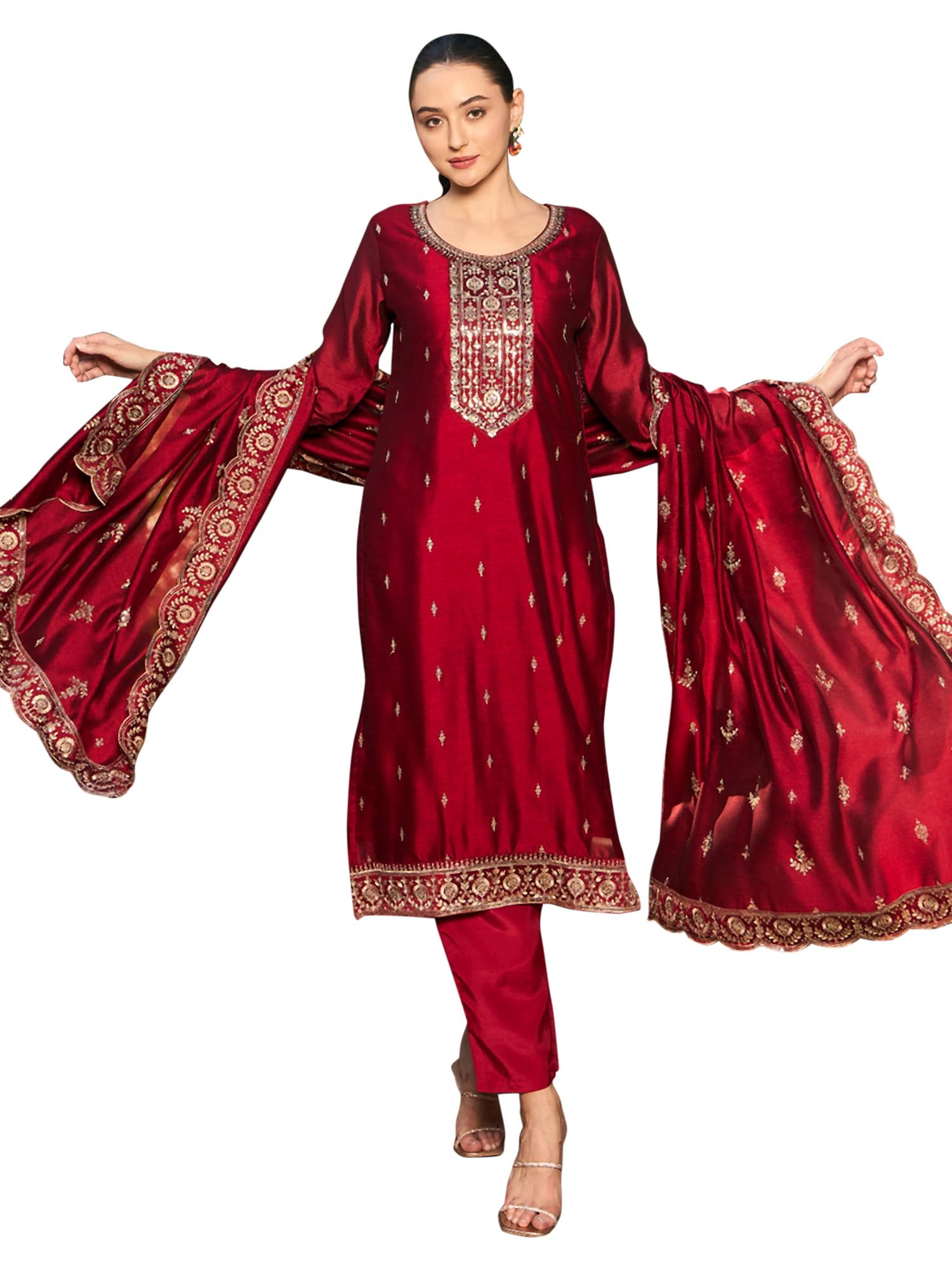 INDO ERA Womens Silk Blend Embroidered Calf Length Straight Kurta Pant Dupatta Set (KH9MR6129)