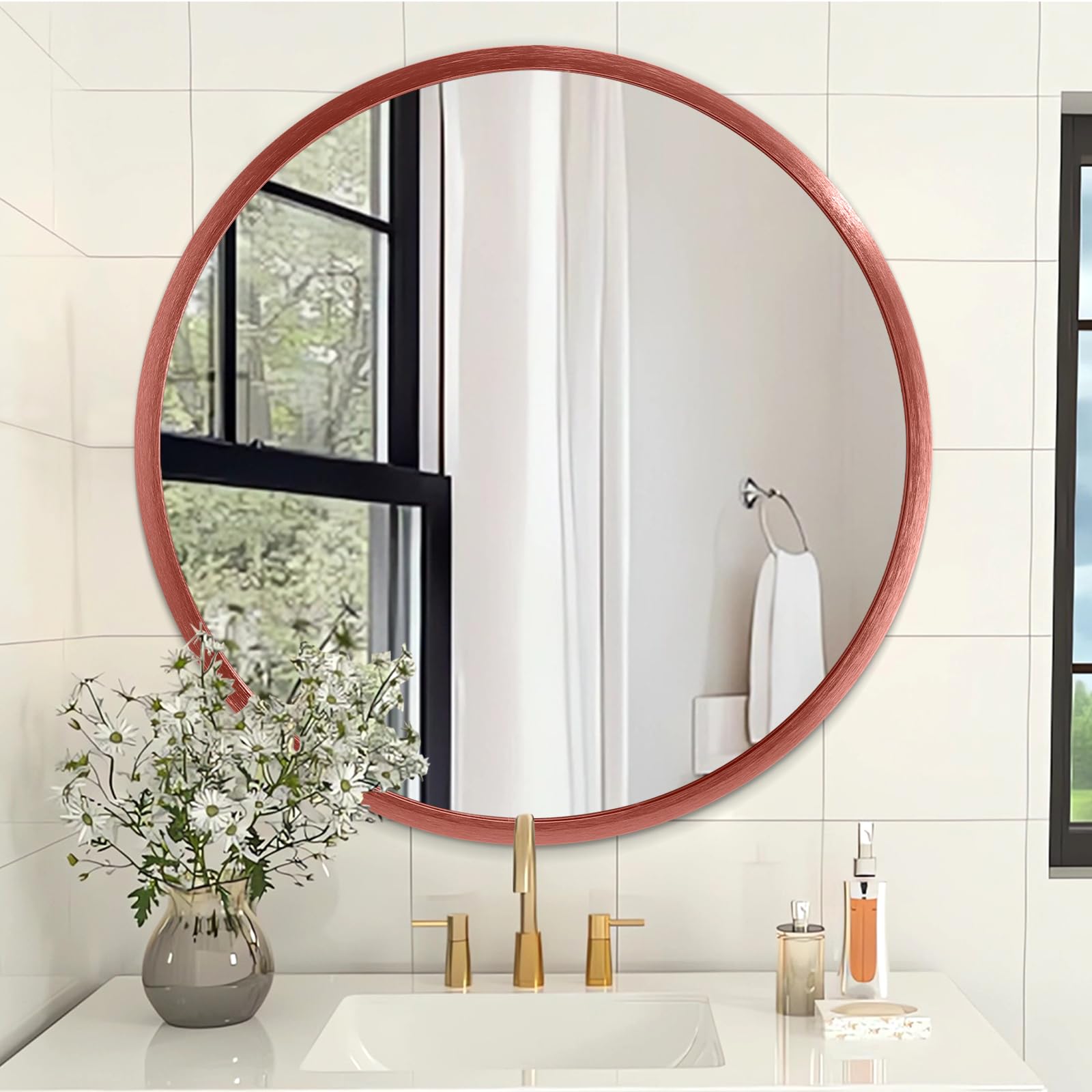 AOAOPQ Aluminium Steel Metal Framed Bathroom Mirror for Wall Mounted Round Vanity Mirror ative Hanging Mirrors for Bathroom Bedroom 40 x 40 cm Red