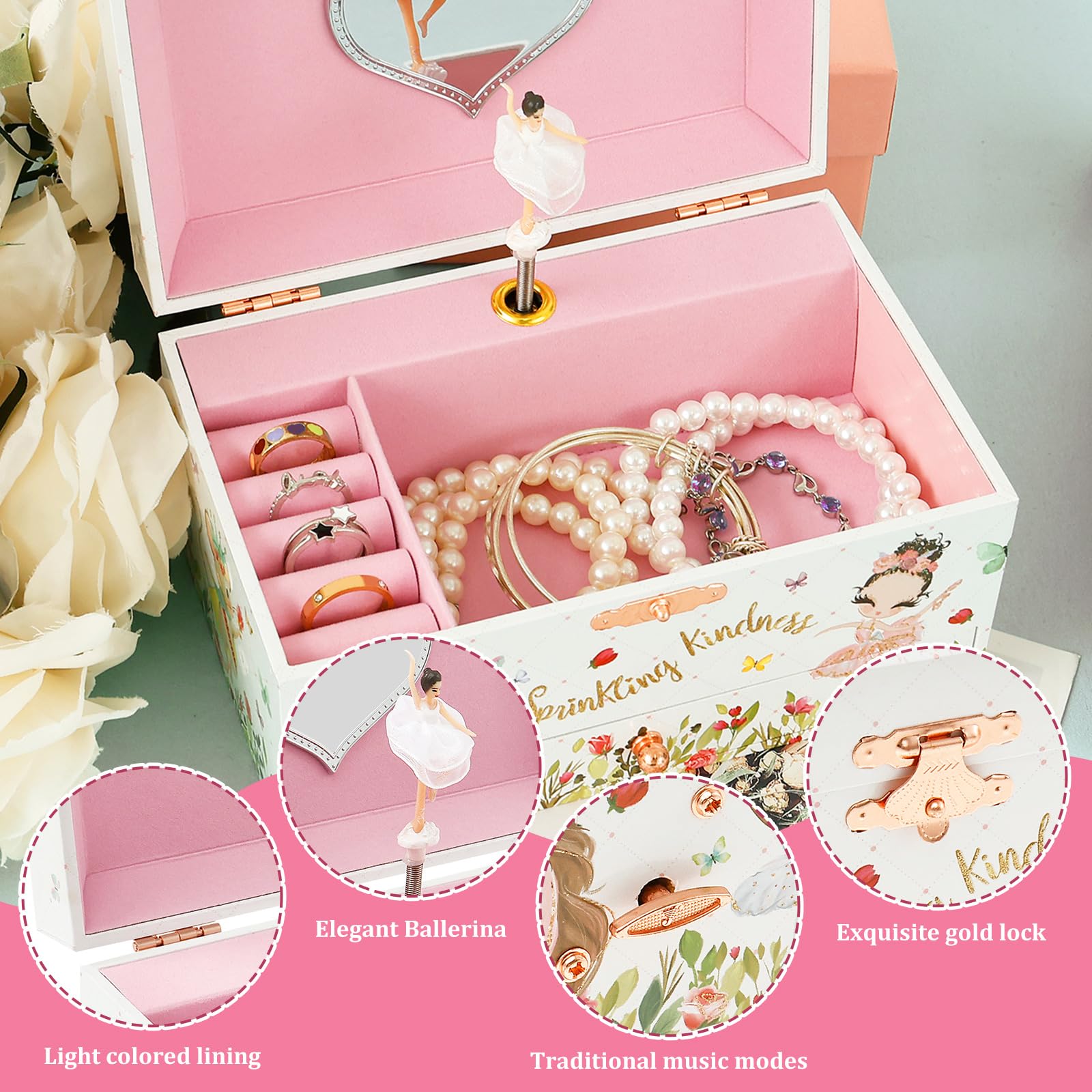 Alongen Musical Jewellery Box for Girls 2 Layer Kids Dancing Music Box with Mirror Jewelry Organizer with Drawer Bracelet Ring Holder Case for Girls Kids Present(White) - Image 3