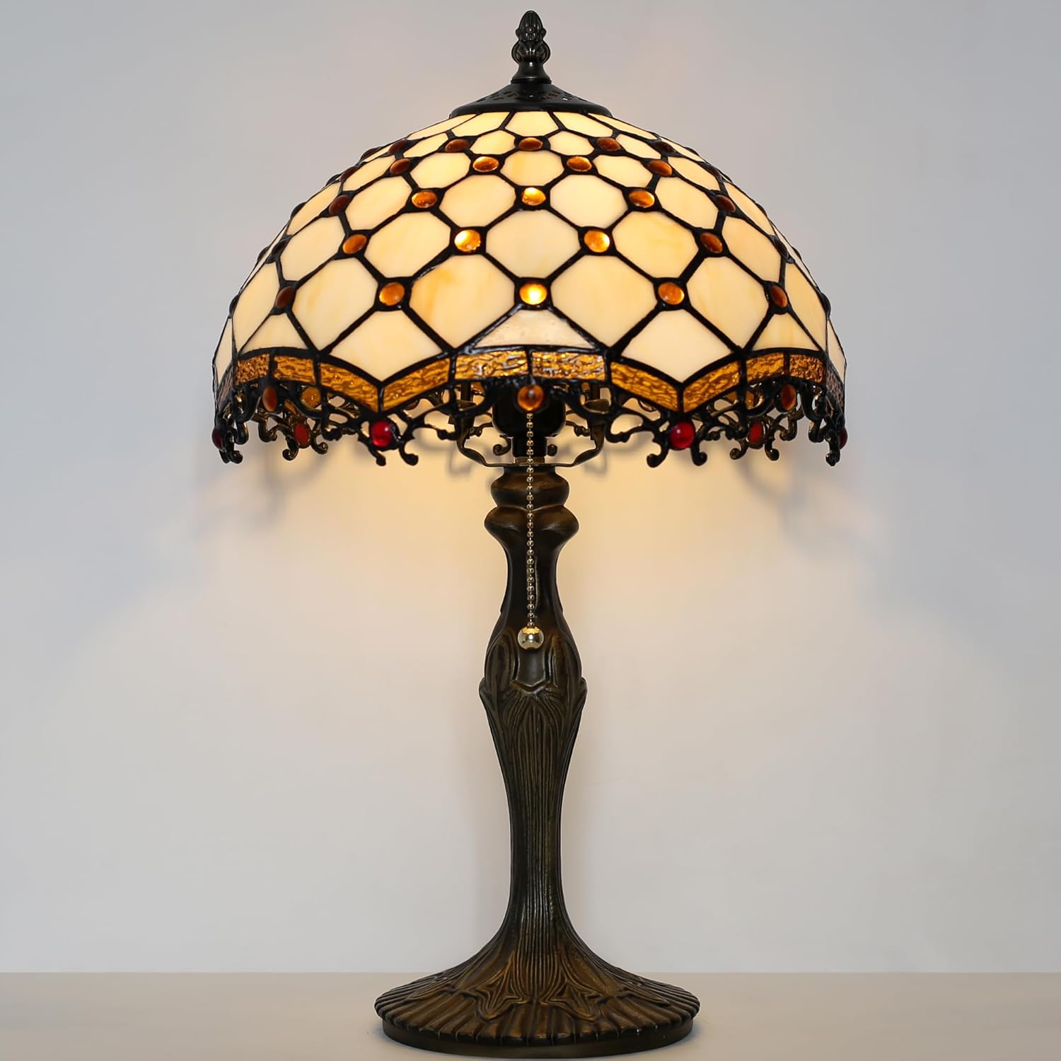 Tiffany Lamp Stained Glass Table Lamp 12 x 19” Phoenix Tail Beads Style Bedside Reading Lamp Decorative Light for Desk Living Room Bedroom Office Study Light Home Decor Gift