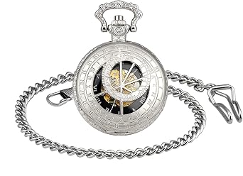 Unisex Mechanical Hand-Wind Pocket Watch 12 Constellations Skeleton Pocket Fob Watches with Chain