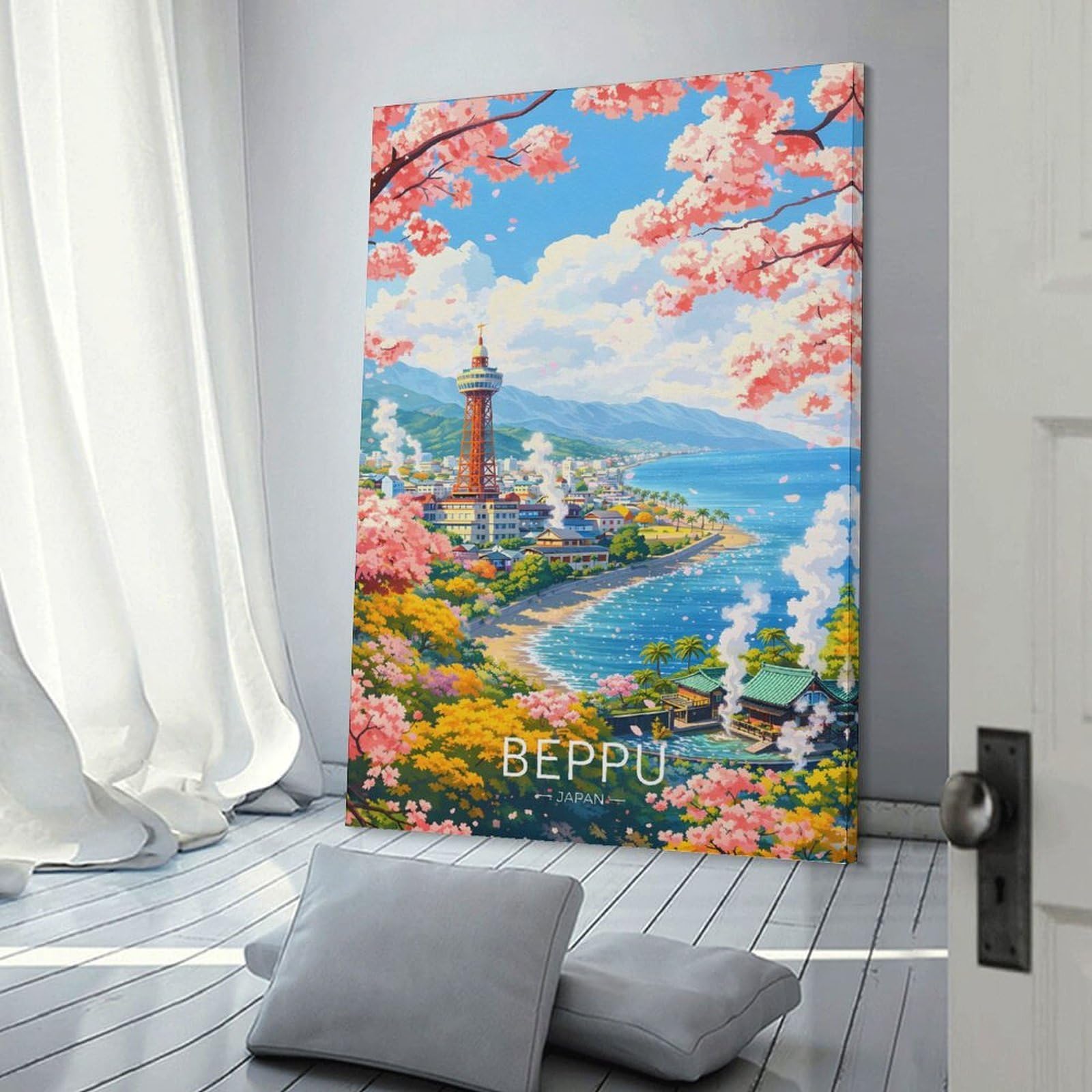 Junmoney Beppu, Japan Cherry Blossom Scenery Canvas Wall Art 24x36inch(60x90cm), for Study, Office Or Focused Interiors, Home Office Artwork with Decorative Appeal