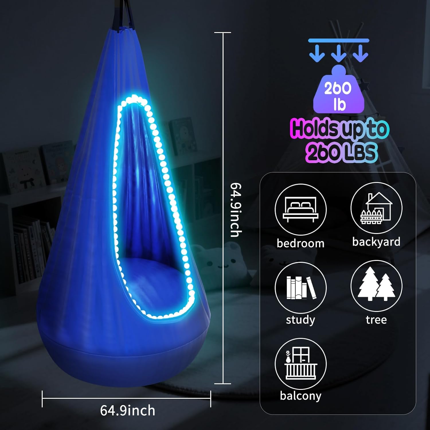 Light Up Kids Pod Swing Seat, Upgraded Sensory Pod Swing Hanging Hammock Swing Chair, Max 260Lbs Sensory Swing for Kids with USB LED Lights Indoor & Outdoor Halloween