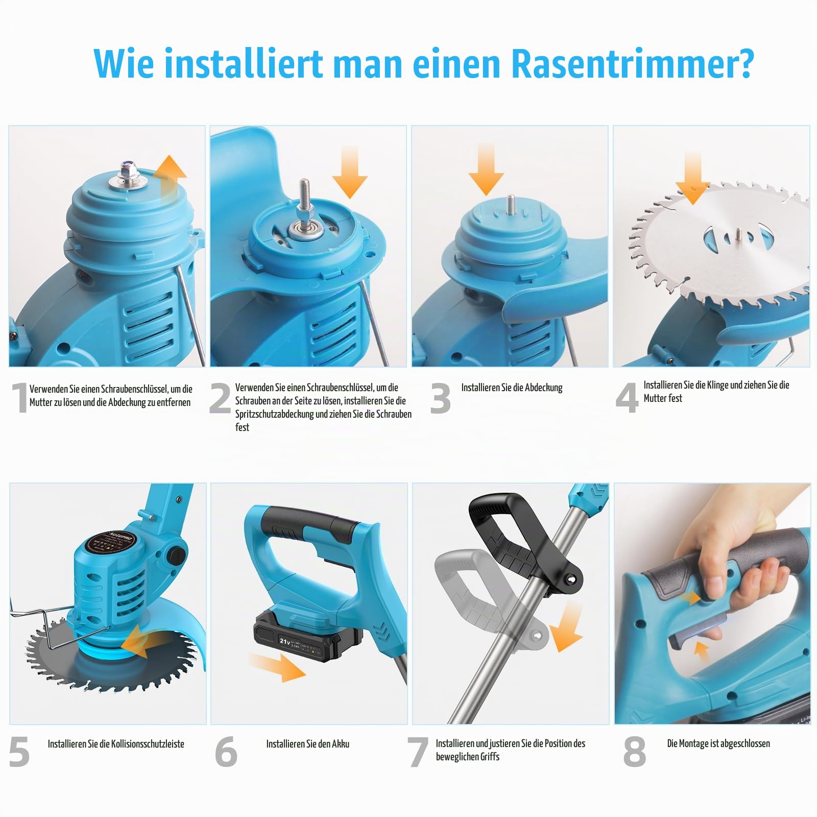 Rasentrimmer mit Akku 21V, KUZUPRO Akku Freischneider mit 2 Akkus 2.0Ah, 2 Arten von Metal Klingen Akku Rasentrimmer, Gartenschere, Verstellbarer Griff für Rasen Garten Beschneiden, Blau