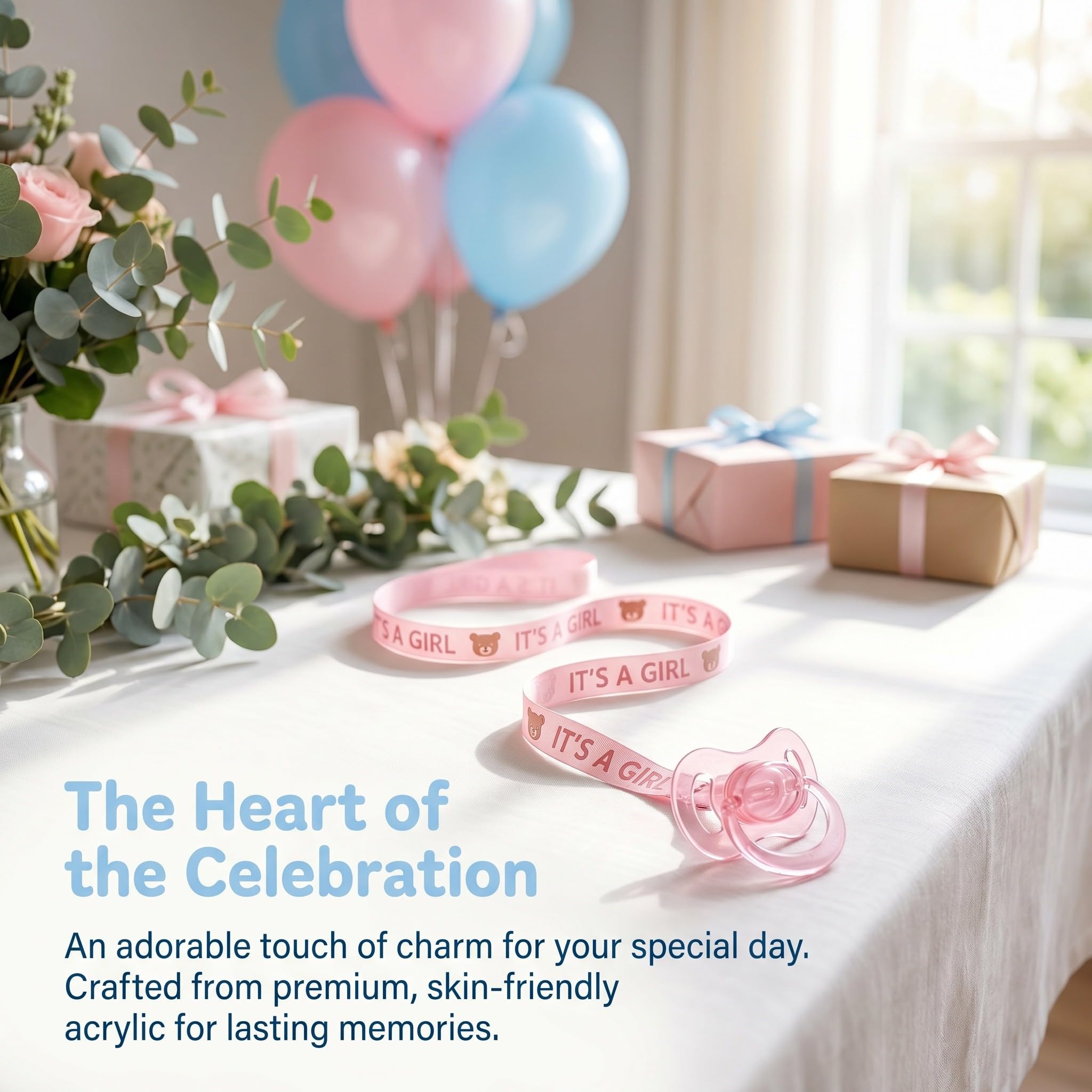Lurrose Collana con 36 ciucci per baby shower - Bomboniere per feste con ciucci in acrilico - Collana con ciondoli in plastica per decorazioni da tavolo per baby shower, rosa, blu