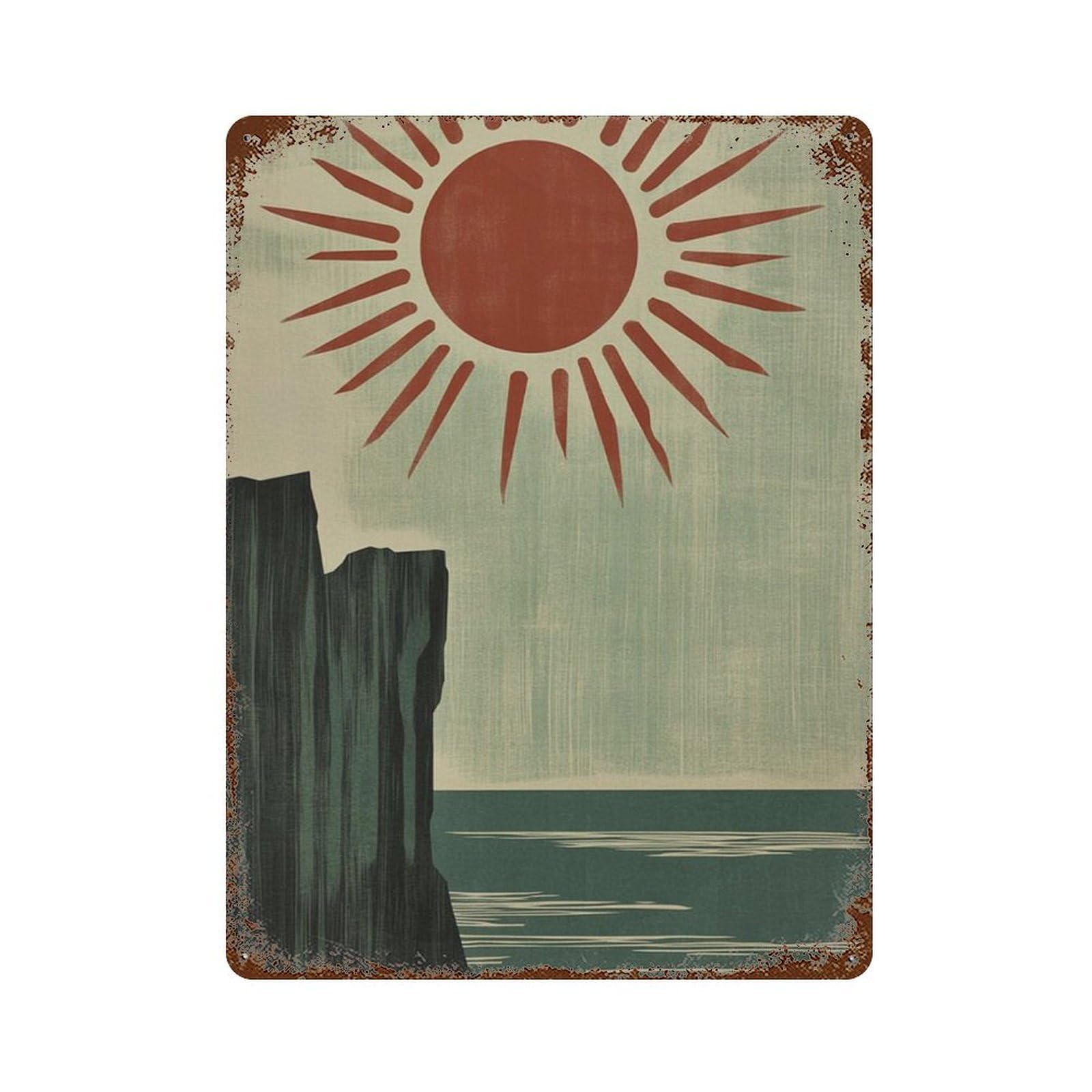 xiaoxiaoshen Coastal Cliff Sunburst Retro Sea Landscape Minimal Ocean Wall Decor Art Metal Tin Poster Modern Home Decor Art Home Bar Shop Decorations Vintage Sign 40x30cm