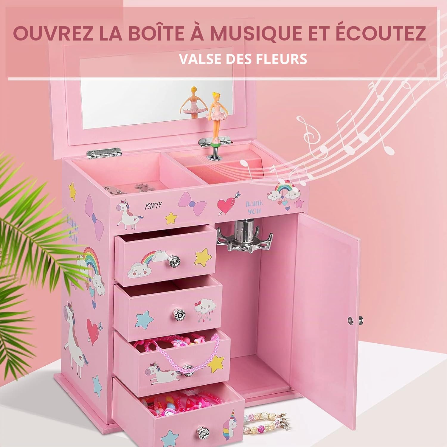 Redcoutt Boîte à Bijoux pour Fille avec 5 Couches, Porte Battante, Ballerine Rotative, Licorne et Château, Cadeau d'anniversaire pour Fille