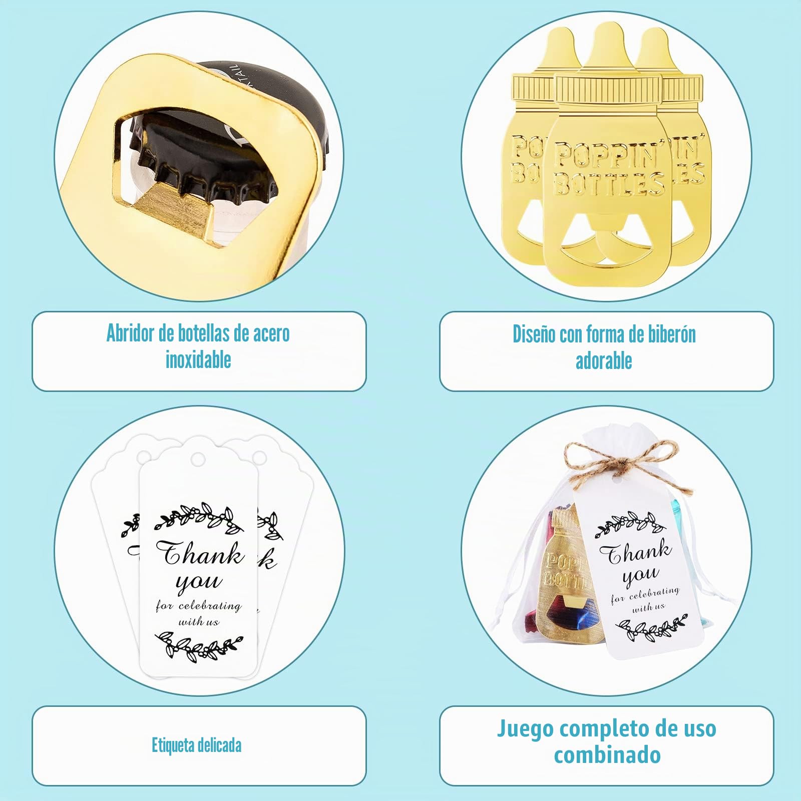 AKONE 10 Abrebotellas Oro Regalos Invitados Baby Shower Bautizos Bodas