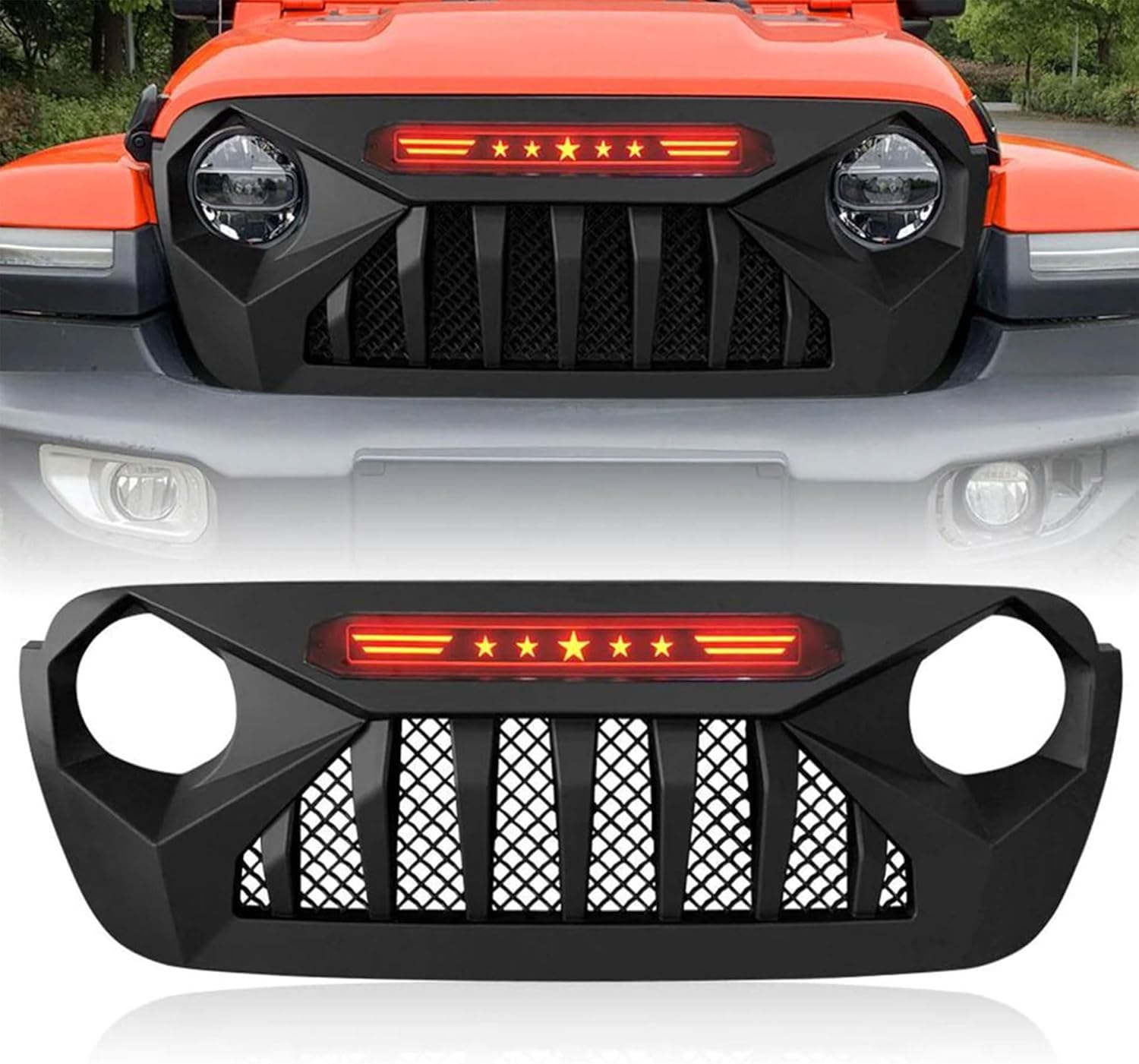 AMERICAN MODIFIED Demon Front Grille with Red Star Lights, Compatible with Jeep Wrangler JL & Gladiator JT 18-21 Models without TrailCam, Matte Black