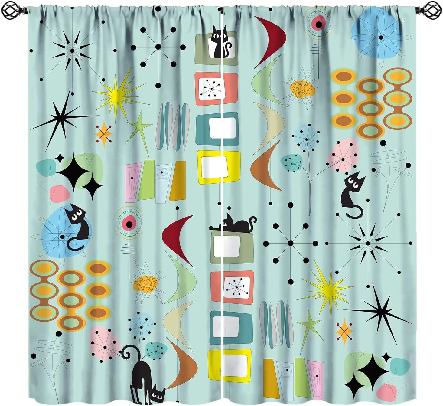 Mid Century Blackout Curtains,Black Cat Retro Atomic Boomerangs Abstract Geometric Iconic 60s Vintage Aesthetics Pattern 2 Panel Rod Pocket Window Drapes for Living Room Bedroom Decor 21"W X 45"L