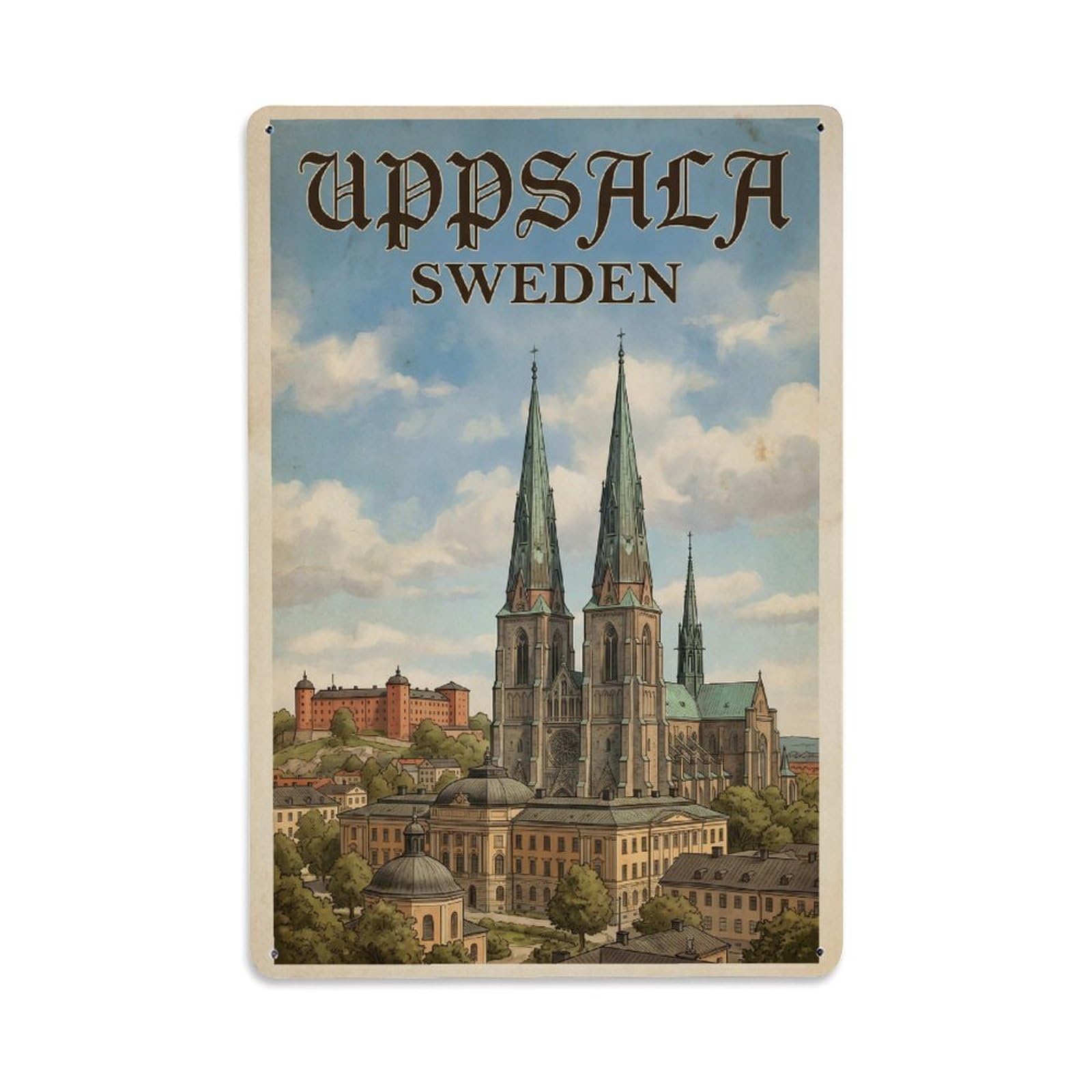 Retro Sweden Uppsala Travel Metal Tin Sign Plaque Wall Decor for Cafe, Club Bar, Office, Garden Metal Poster 8x12Inch