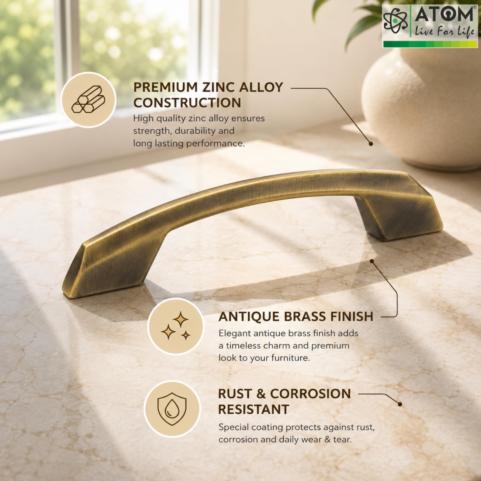 Atom 6 inch Zinc Cabinet Pull Handle | Antique Finish | Handle for Wardrobe, Drawer & Office Furniture | Push Bar 545 | Pack of 6 1