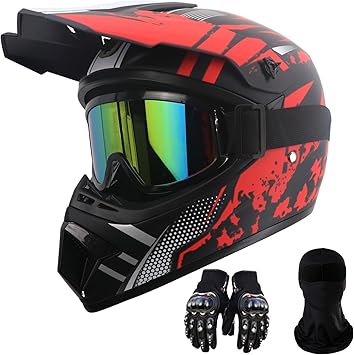 Motorcycle Dirt Bike Helmet Full Face Motocross Helmets for Outdoor Sports Off Road Racing Mountain Bike Men Women Off-Road Helmet Gloves Goggles for Adult Youth DOT/FMVSS 218 Approve