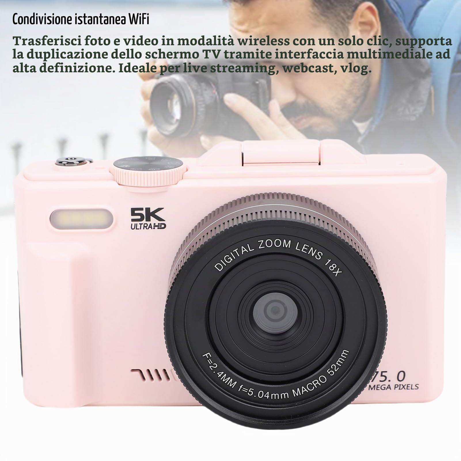Fotocamera Digitale 5K per Fotografia, Videocamere Vlog Compatte Wi-Fi da 75 MP, Autofocus UHD, Schermo Orientabile a 180° da 3'' con Flash, Zoom 18X, Anti-vibrazione