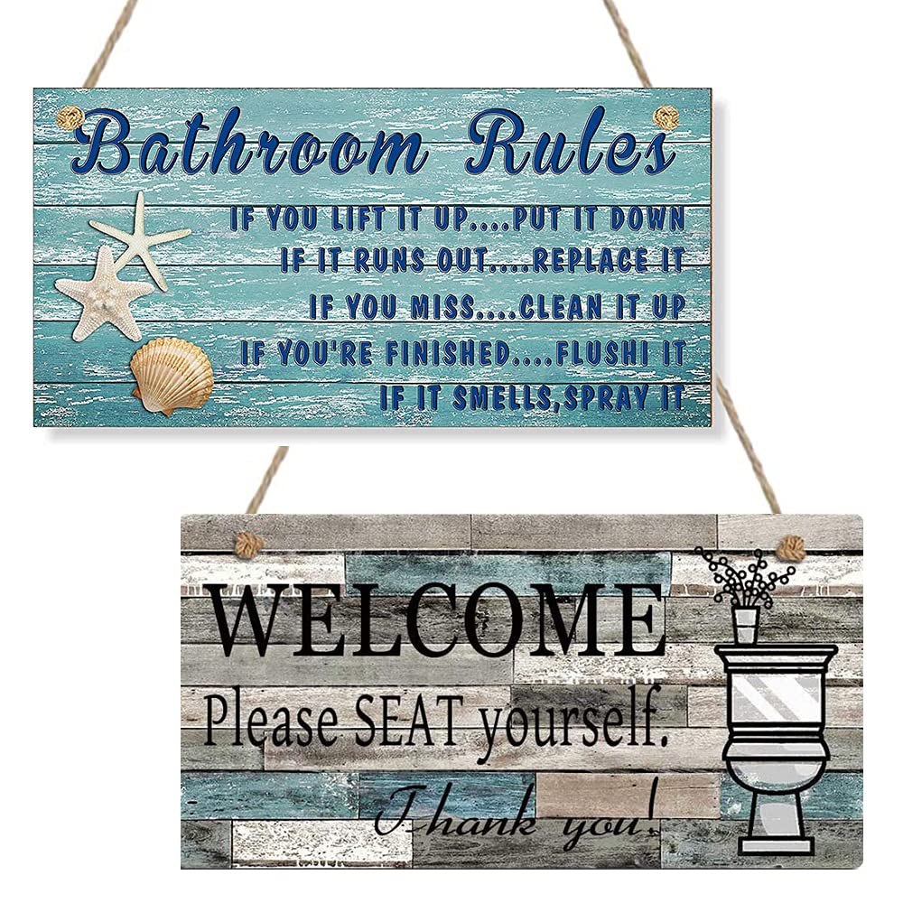 Weadatty 2 Pieces Printed Wood Plaque Sign Wall Hanging Welcome Sign,Funny Restroom Sign for Bathroom，Welcome Please Seat Yourself Bathroom Rules Sign(11.8" x 6.1")