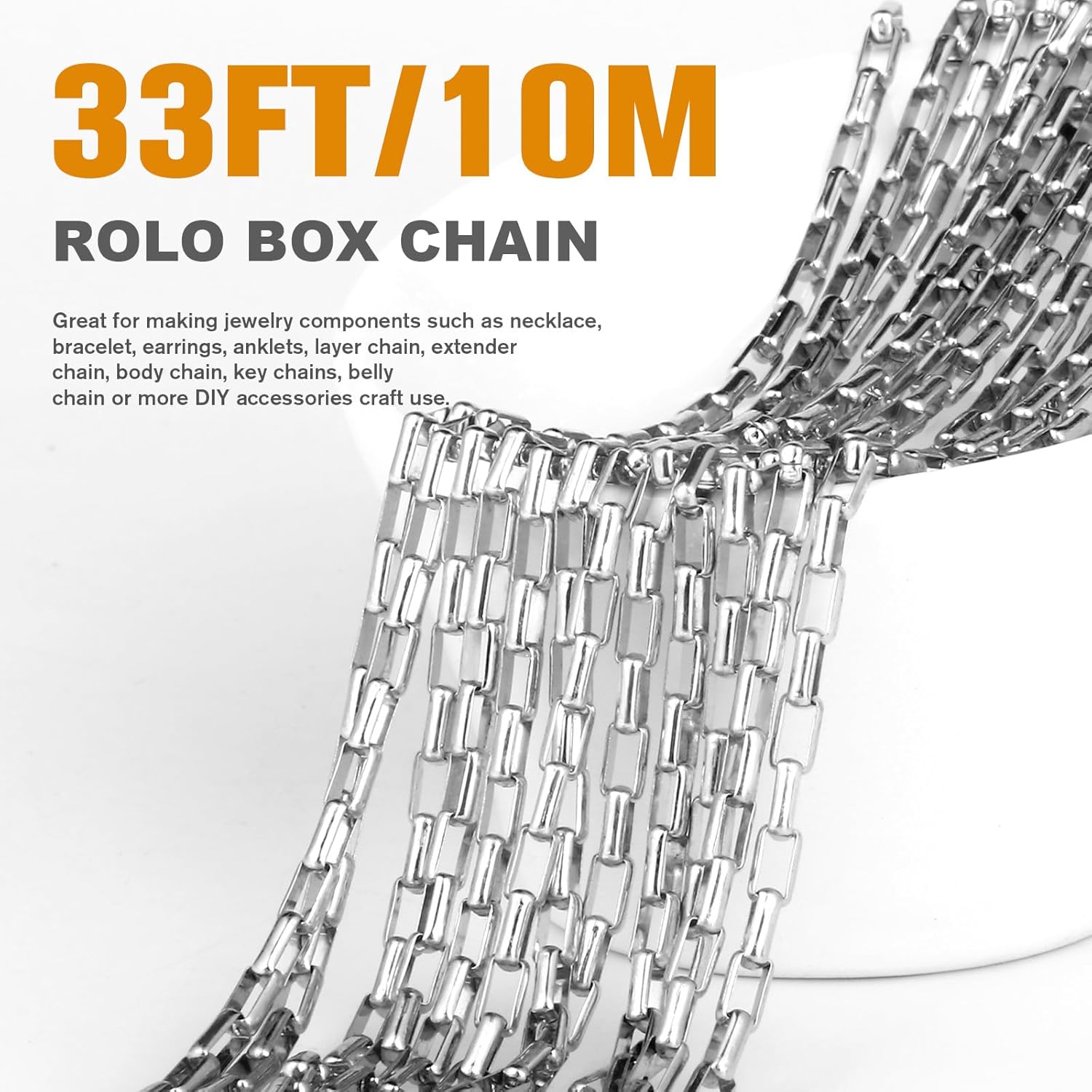 33 Feet Stainless Steel Rolo Box Chain Bulk, 2mm 304 Stainless Steel Square Cable Link Chains Roll Spool for Jewelry Making DIY Craft - Image 3