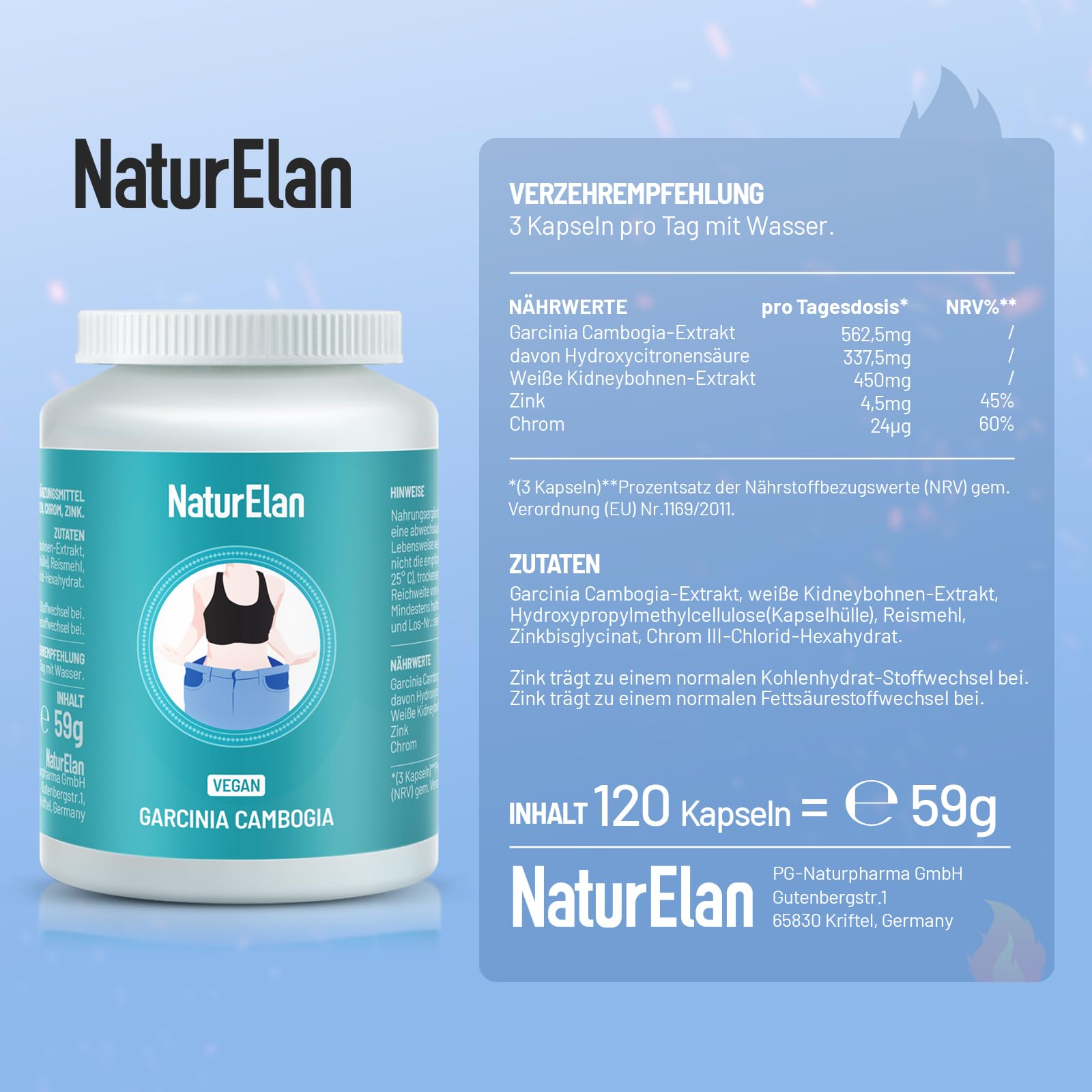 Stoffwechsel-Kapsel Unterstützung 4-in-1 - Hochdosiert mit Garcinia Cambogia-Extrakt, weiße Kidneybohnen Extrakt, Zink&Chrom, 120 vegan Kapseln