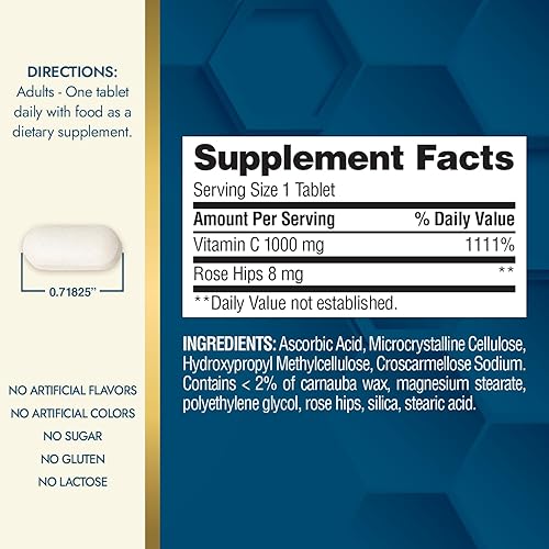 Miniatura 7 de Nature's Wonder Vitamina C 1000 mg con tabletas Rose HIPS para la salud inmunológica, 250 porciones, 250 unidades