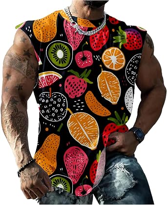 Fruit Muscle Shirts for Men Graphic Tank Top Summer Sleeveless T Shirts Quick Dry Cool Crew Neck 3D Design Workout Confident Lightweight Tee Climbing Mountains,Fruit,5XL