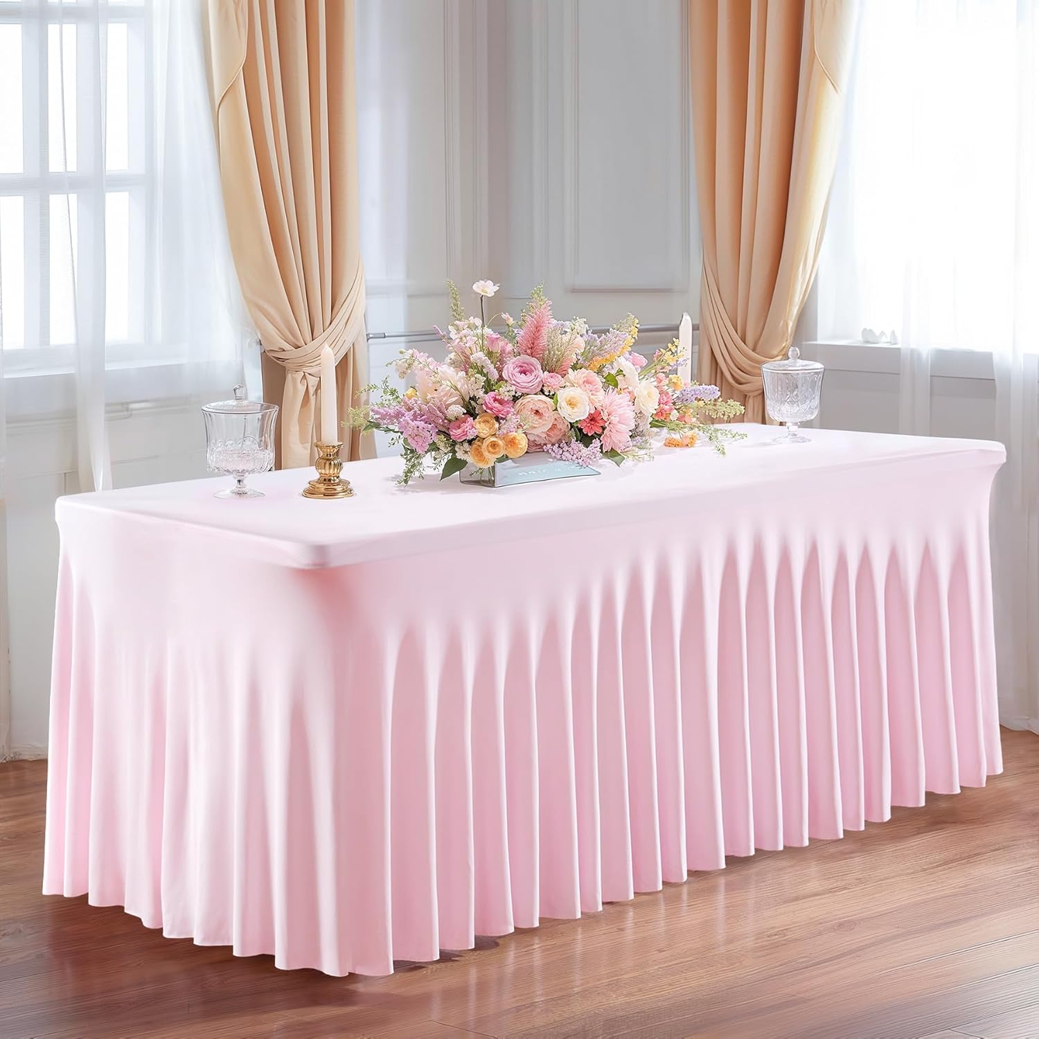 PARTISKY Pink Spandex Tablecloth for 6ft Rectangle Tables, Stretchable Table Cover Skirt for Folding Tables Weddings Parties Banquets Events Trade Shows and Dessert Table
