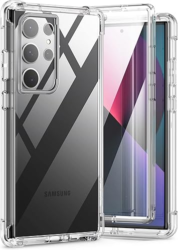 SURITCH Funda compatible con Galaxy S23 Ultra Clear 5G, protector de pantalla integrado, carcasa dura de cuerpo completo + parachoques de TPU suave,