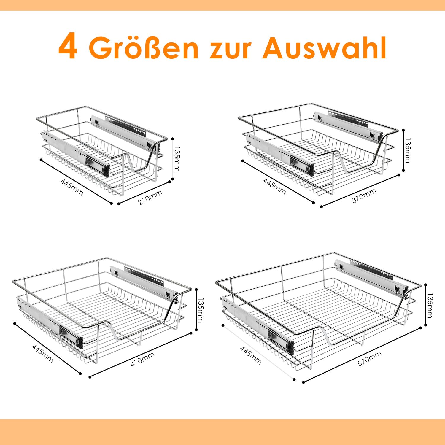 Teleskopschublade 4er Set 60cm, Schrankauszug Vollauszug mit Doppelschienensystem, 20 kg Tragfähigkeit, Ausziehbare Küchenschublade aus Metall für Küchenschrank, Bad und Waschraum