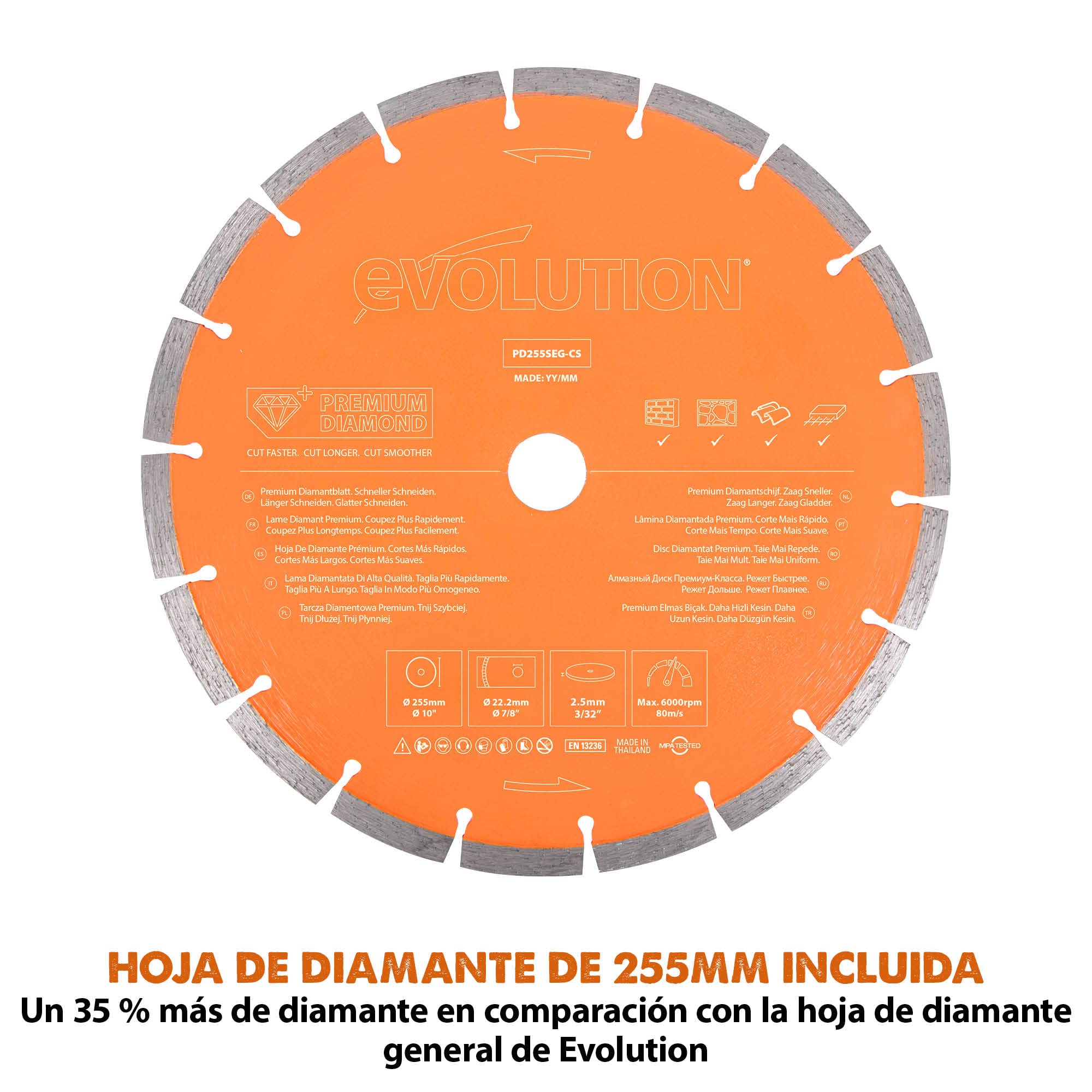 Evolution Sierra para hormigón de 255 mm R255DCT de Evolution: sin gasolina, corte de 102,5 mm, incl. hoja de diamante prémium