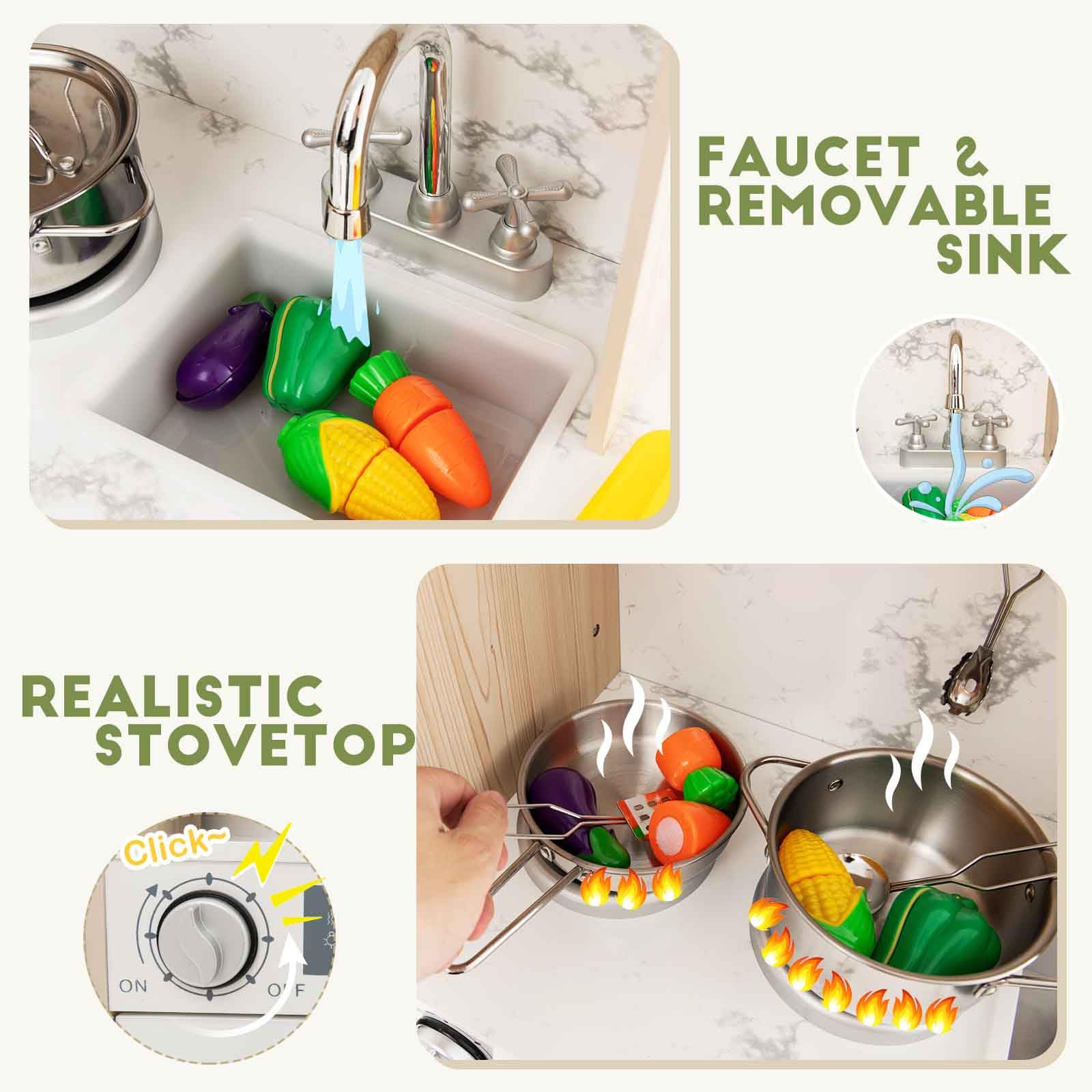 HOMASIS Cucina Giocattolo con Luci LED Regolabili, Cucina Realistica in Legno con Cestini in Tessuto Removibili, Macchina per Caffè, Frigorifero, Cucinetta per Bambini dai 3 Anni in su